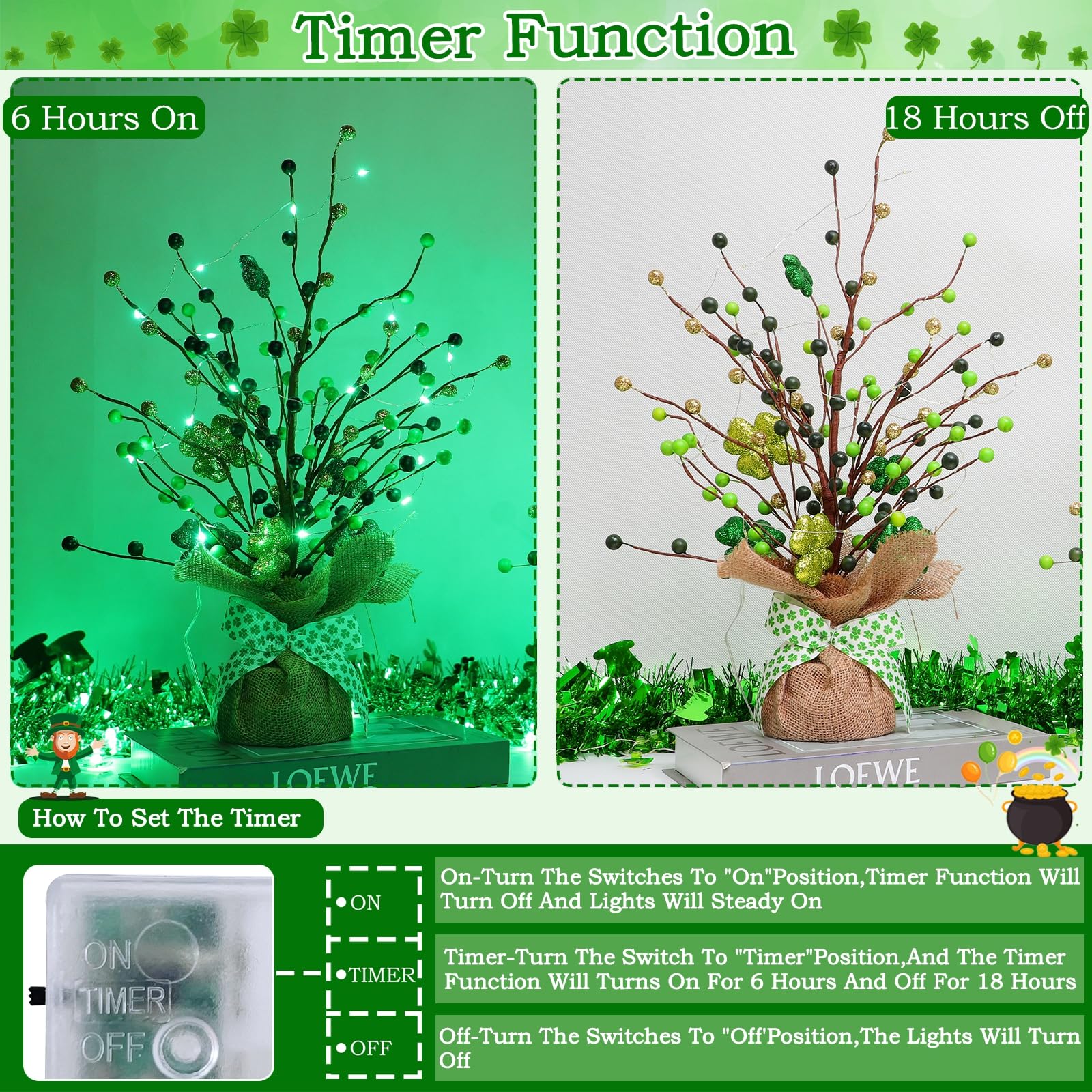 St. Patrick's Day Decorations, 2 Pack 18 Inch Lighted St. Patrick's Day Tree Tabletop 20 Green Lights Timer Battery Operated 6 Shamrocks 108 Berries Artificial Tree St. Patrick's Day Decor Home Party