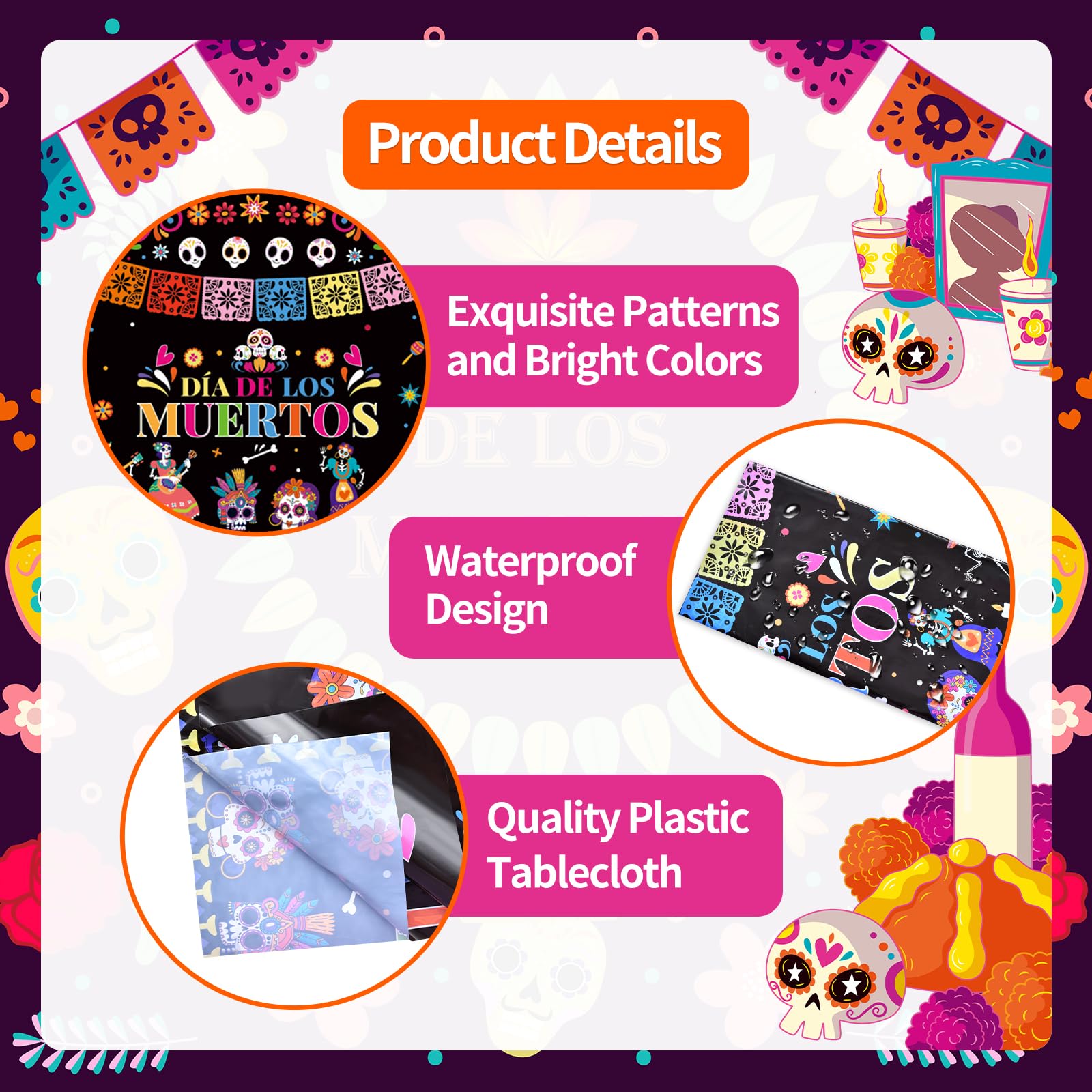 Gistome 3-Piece 54 x 108 Inch Day of the Dead Plastic Tablecloth – Colorful Sugar Skull Disposable Table Cover for Día de Los Muertos, Mexican Fiesta, and Halloween Party Decorations
