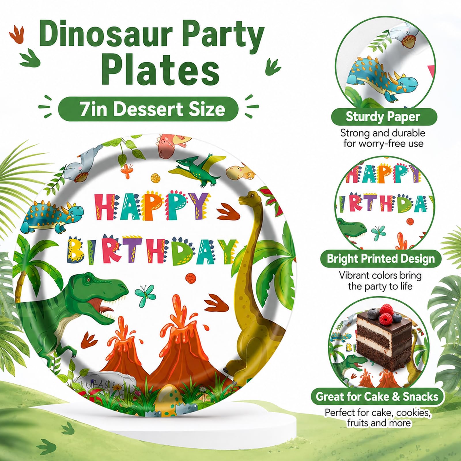 PUEVENYI 50PCS Dinosaur Birthday Paper Plates and Napkins - Watercolor Disposable Paper Plates Napkins Kit for Dinosaur Birthday Party Decorations Table Decor, Serves 25