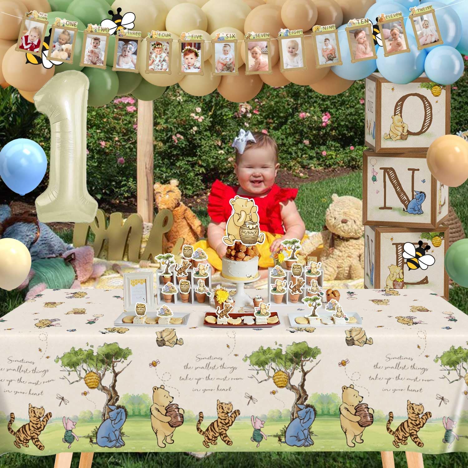 154pcs Winnie First Birthday Decorations Party Set, Classic Winnie Bear 1st Birthday Month Banner, High Chair Banner, ONE Box, Balloon Arch, Crown, Tablecloth, Backdrop, Cake Toppers and Stickers