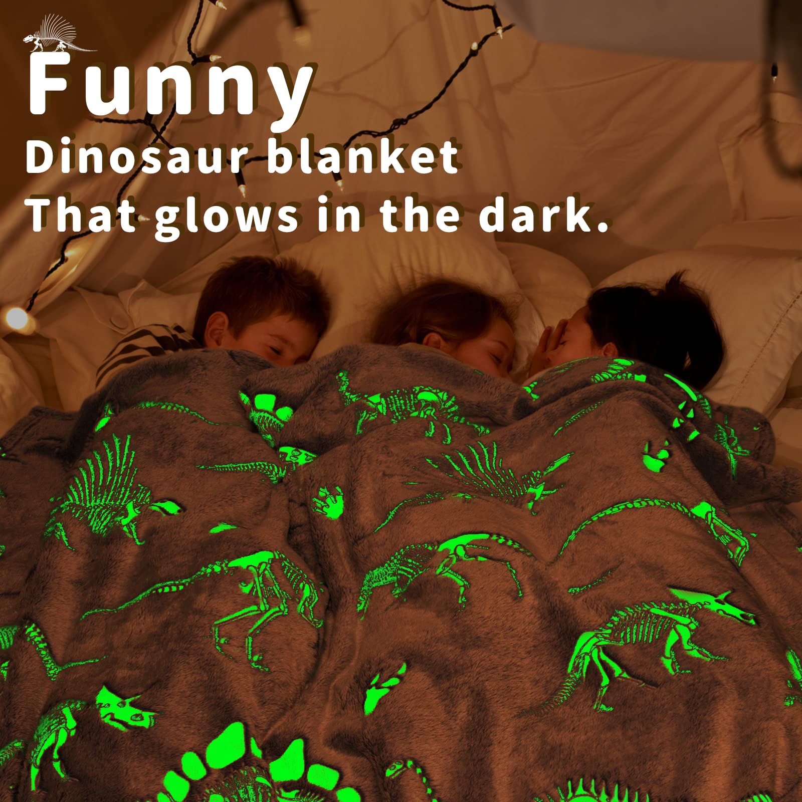 Glow in The Dark Blanket Dinosaur Throw Blanket for Boys Kids Soft Warm Cozy Cute Dino Blanket Unique Dinosaurs Toys Gifts Gray Glowing Dinosaur Room Decor Blankets for Girls Teens 50"x60"