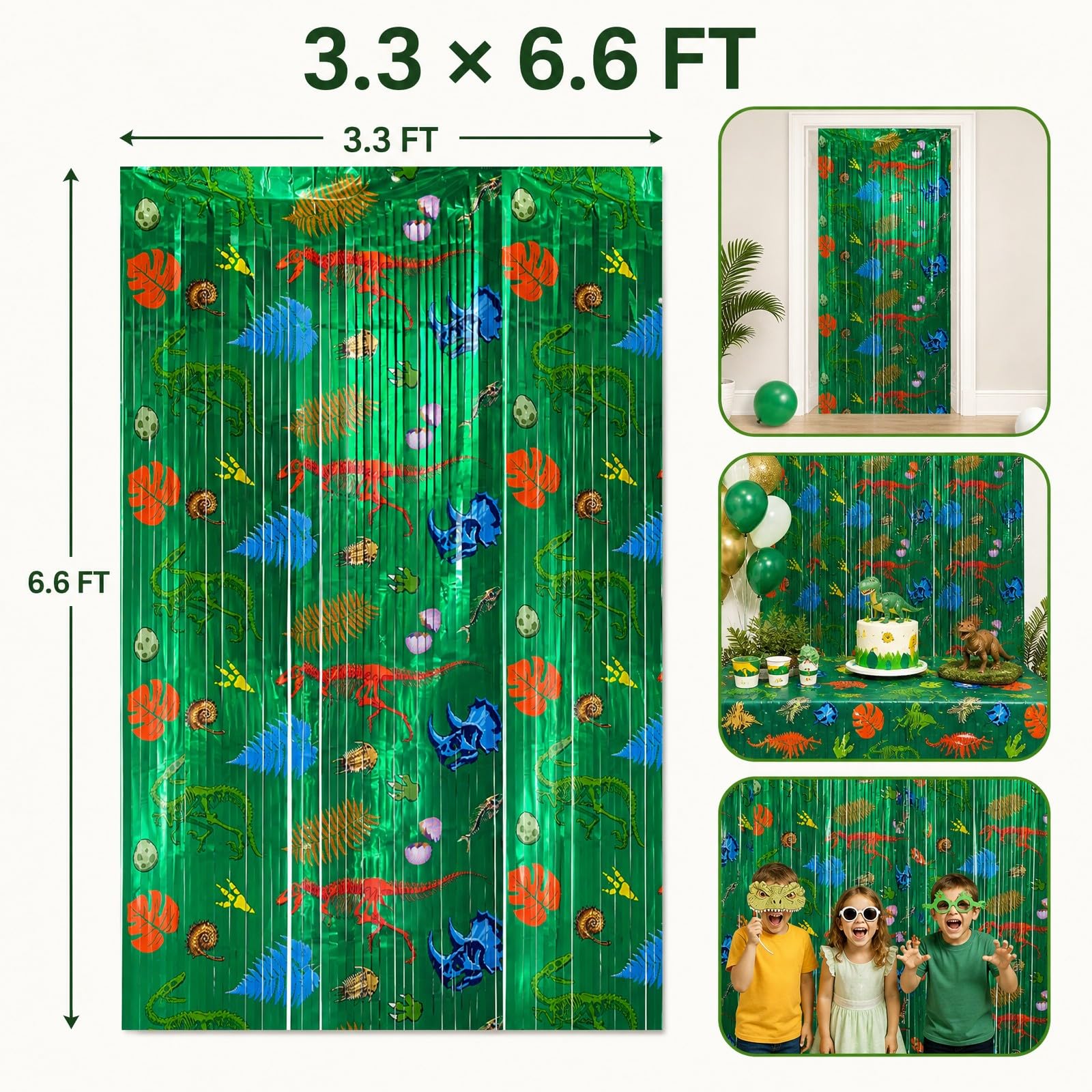2Pack Dinosaur Foil Fringe Curtain, Dino Birthday Party Backdrop Decoration