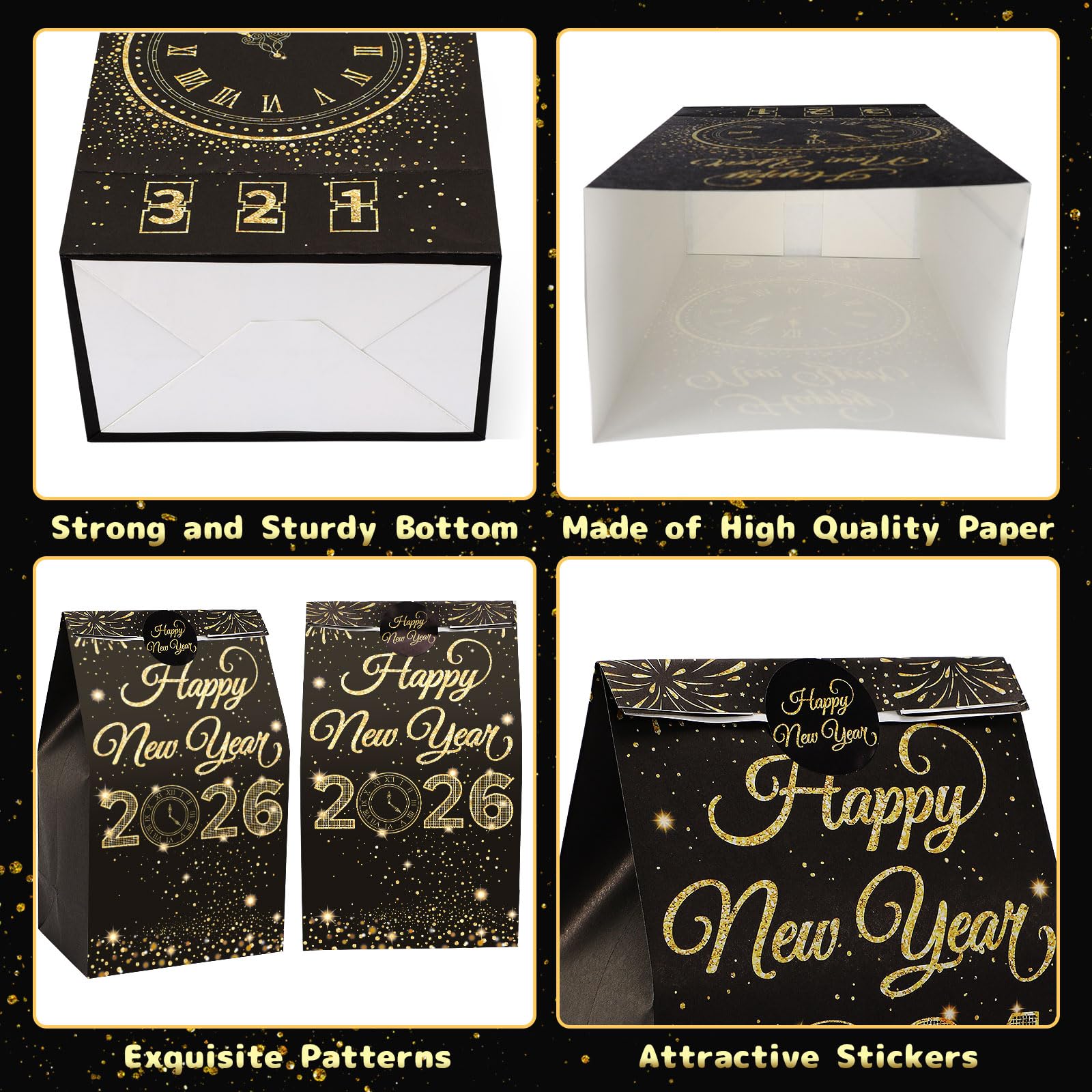 FEBSNOW 24 Pack Happy New Year Gift Bags, Happy New Years Eve Party Favors Candy Treat Goodie Bags for New Years Eve Party Supplies Decorations 2026 with 24 Pcs Happy New Year Stickers