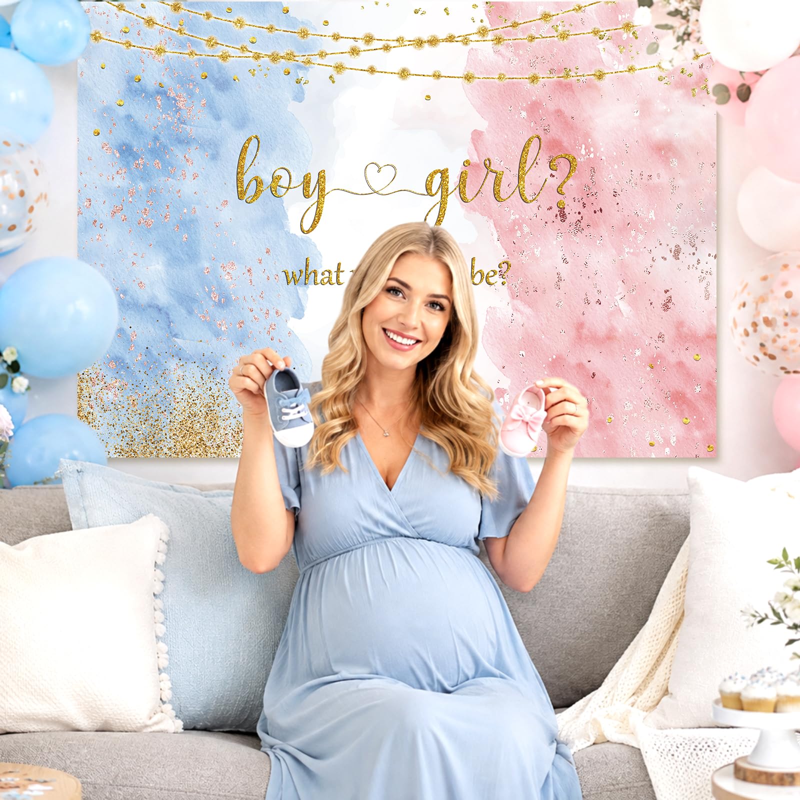 MEHOFOND 5x3ft Blue Pink Gender Reveal Backdrop Boy or Girl Party Decoration Photography Background Watercolor Rose Gold and Navy Blue He or She Pregnancy Reveal Surprise Party Photoshoot Banner