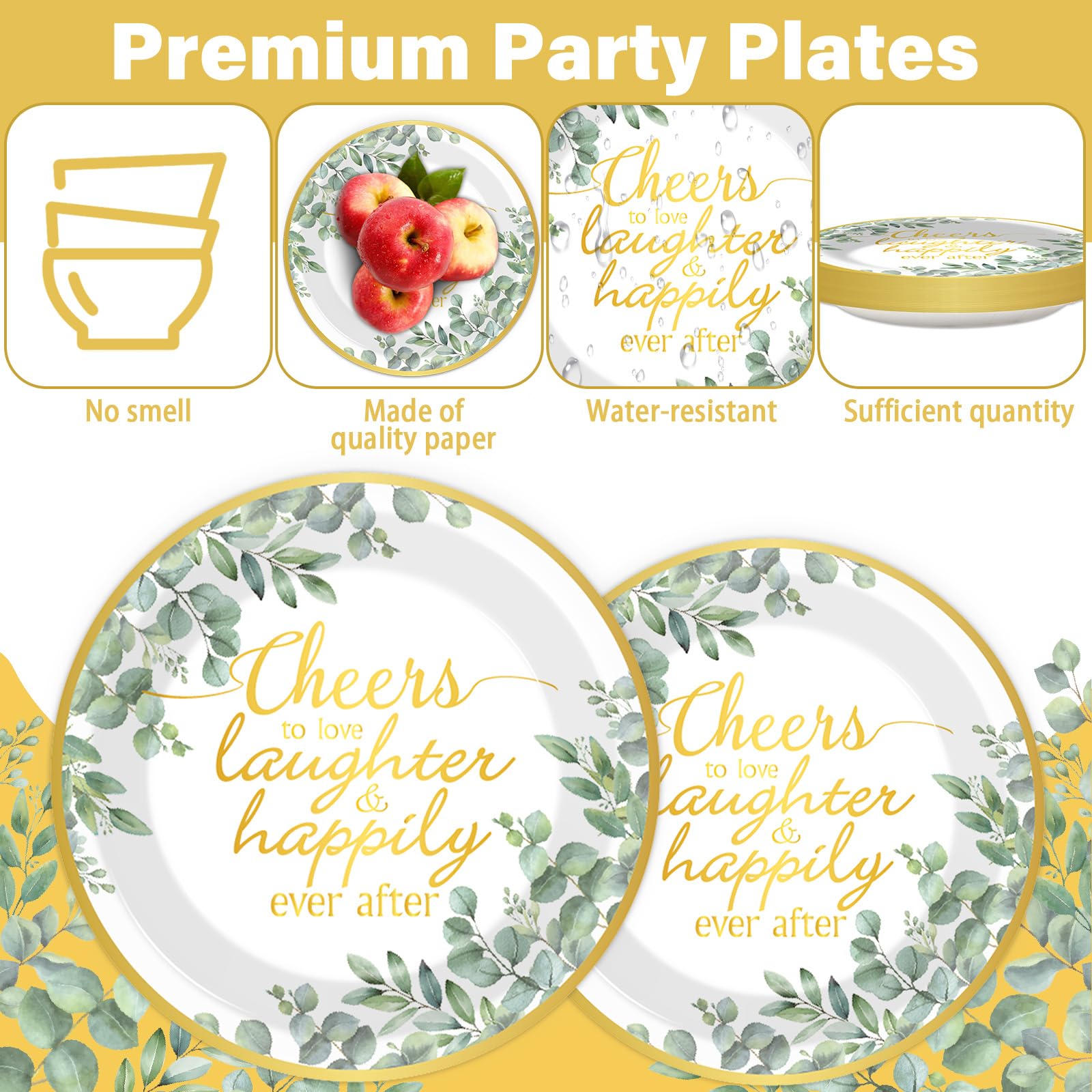 96Pcs Eucalyptus Leaves Bridal Shower Party Supplies Cheer to Love Birthday Plates and Napkins Sage Green Tableware Disposable Dessert Dinnerware for Wedding Engagement Anniversary Decor for 24 Guest