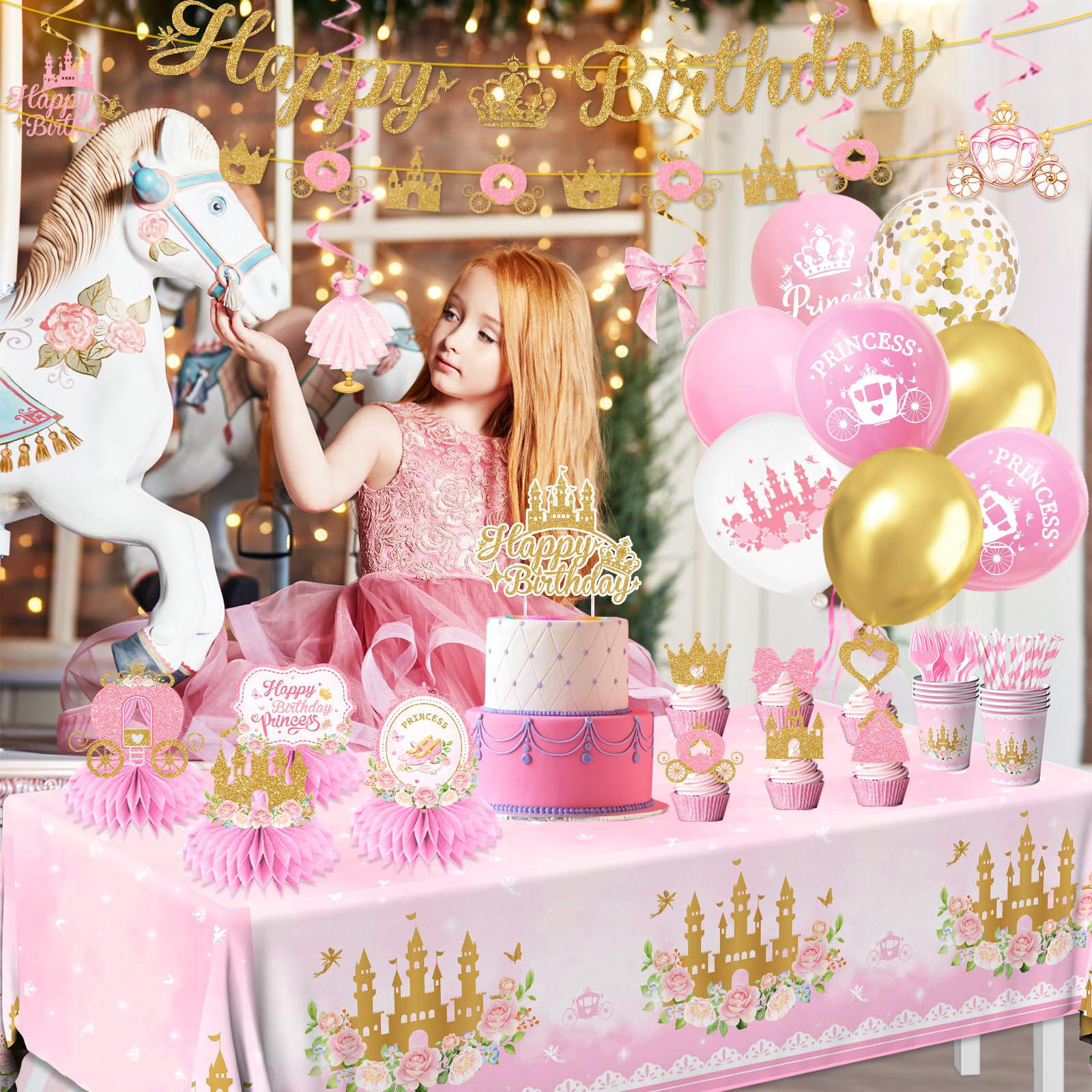 196Pcs Princess Birthday Party Decorations Serves 24,Pink Princess Birthday Themed Tableware Includes Scalloped Plates,Napkins,Tablecloth,Banner,Balloon,Cake Topper for Girls Princess Party Supplies