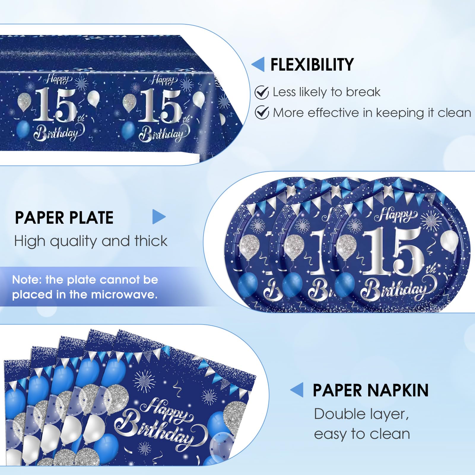 41Pcs 15th Birthday Decorations for Boys Men,Blue Silver Birthday Plates and Napkins,Tablecloth Kit,Disposable Official Teen 15 Tableware Set for Teen Boys I’m 15 Bro Years Old Party Supplies