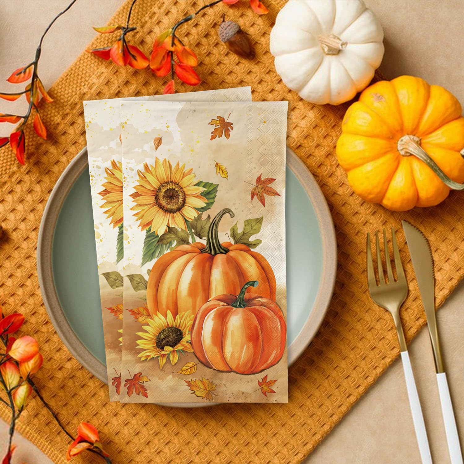 100 Pcs Fall Napkins, Fall Disposable Paper Decorative Guest Napkins, Thanksgiving Harvest Pumpkin & Sunflower Hand Towel for Party Lunch Dinner Kitchen Bathroom Decor