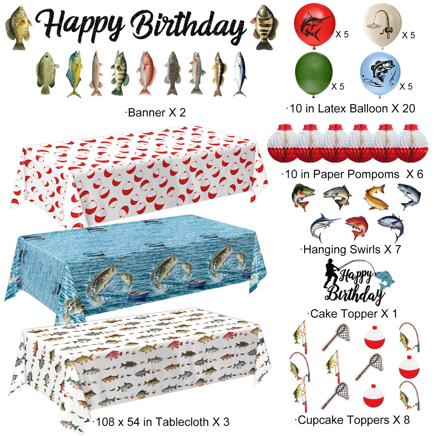 Fishing Birthday Party Decorations Kit with Plates, Napkins, Cups, Cutlery, Honeycomb Balls, Banner, Hanging Swirls, Tablecloths, Toppers, Balloons for Ofishally One Birthday Decorations, Serves 24