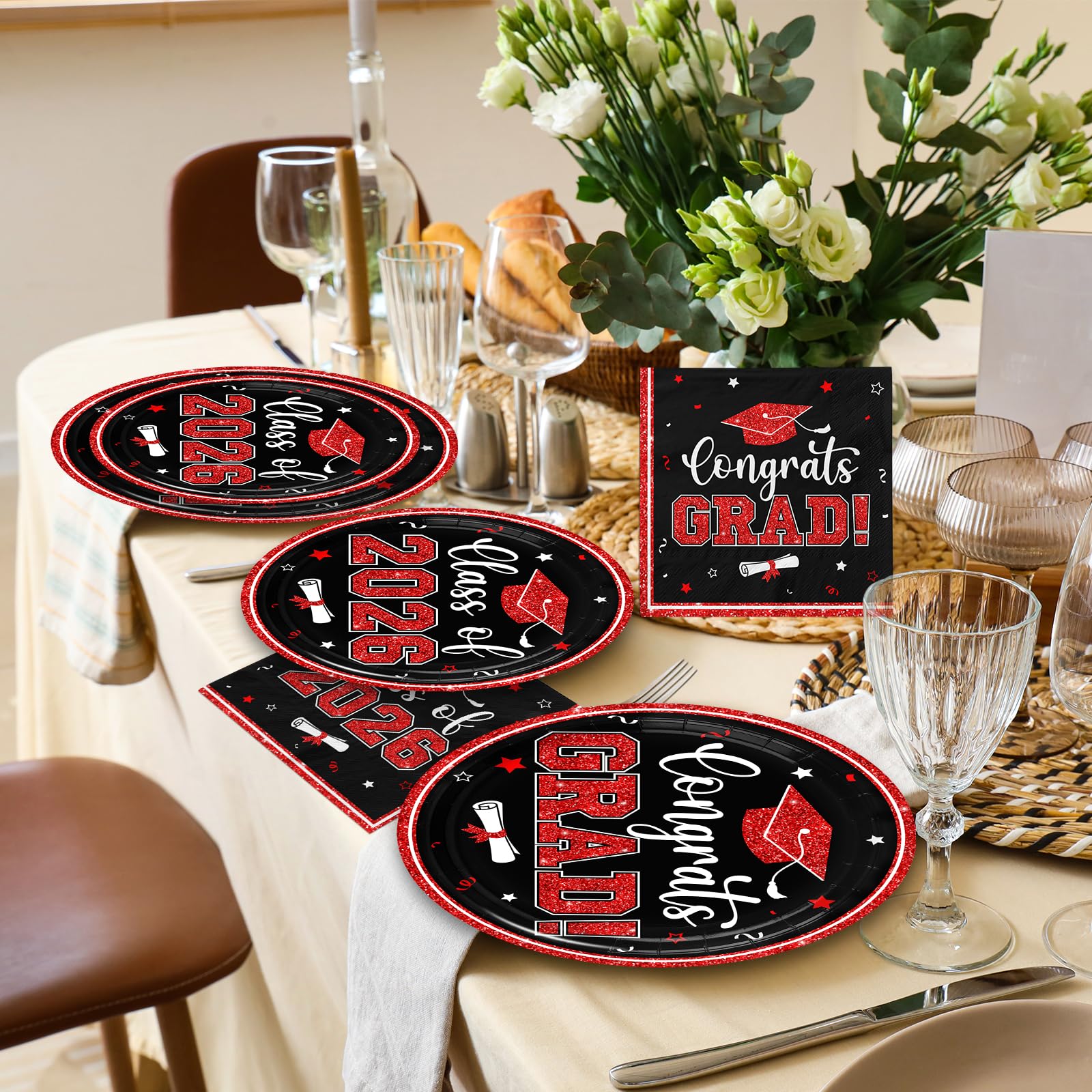 Graduation Plates and Napkins 2026,Red and Black Graduation Decorations 200pcs Graduation Paper Plates and Napkins Graduation Party Supplies for Graduation Party Decorations,Serve 50