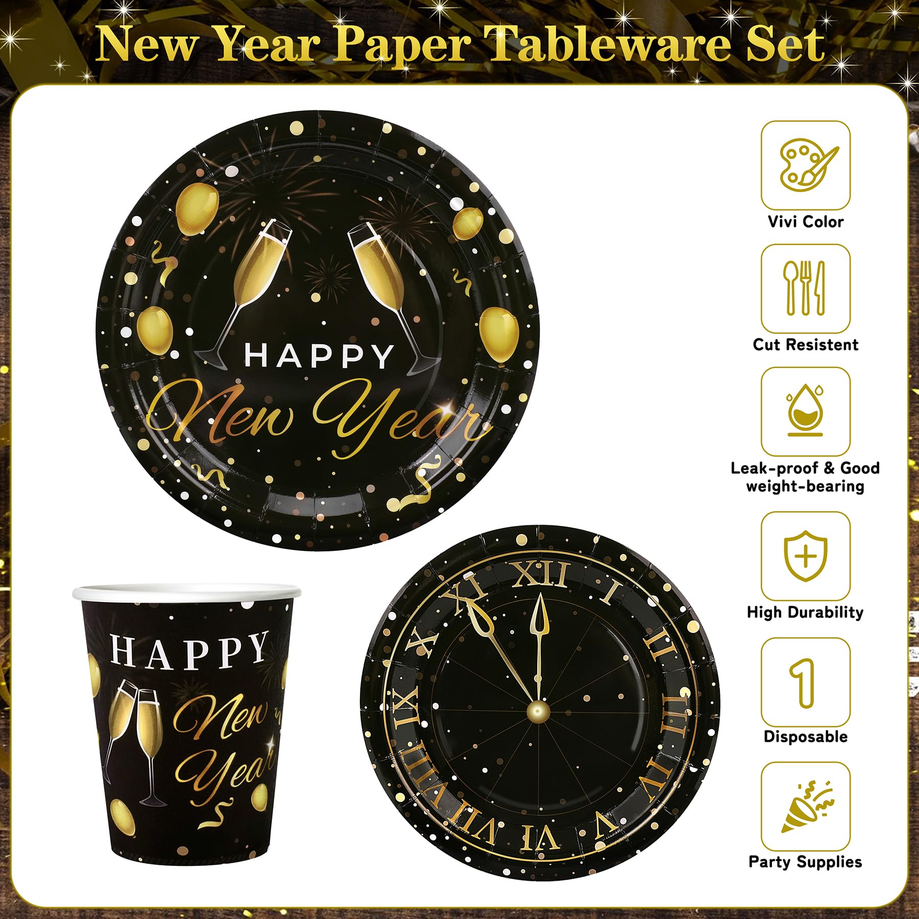 Fighting to Achieve 168pcs Happy New Year Party Supplies, Black and Gold Paper Plates Napkins Cups and Gold Cutlery for 24 Guests, 2027 New Year Disposable Tableware Supplies for Party Decorations