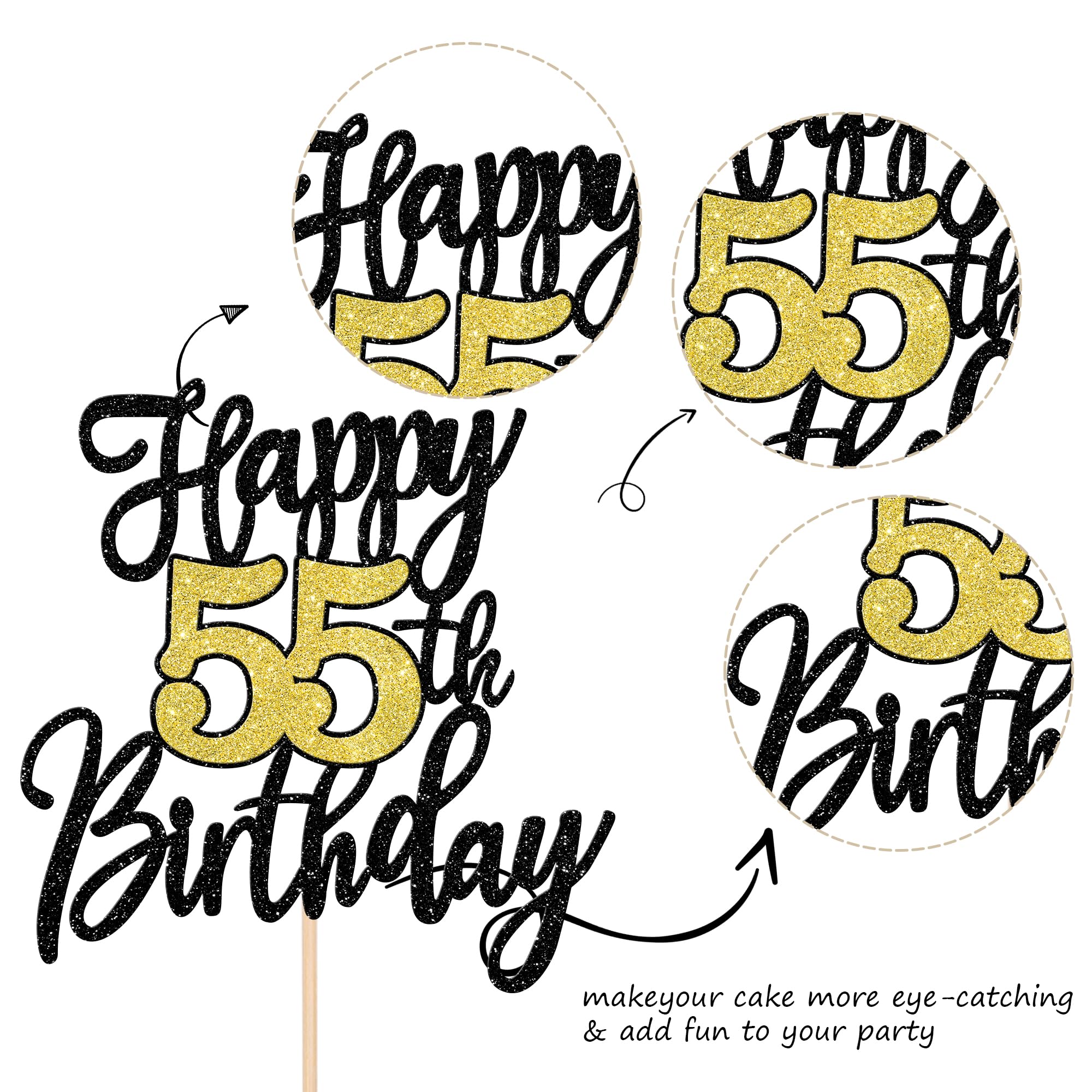1 PCS Happy 55th Birthday Cake Topper Black Gold Glitter Cheers to 55 Years Birthday Cake Pick 55 Fabulous Cake Decoration for Happy 55th Birthday Anniversary Party Decorations Supplies