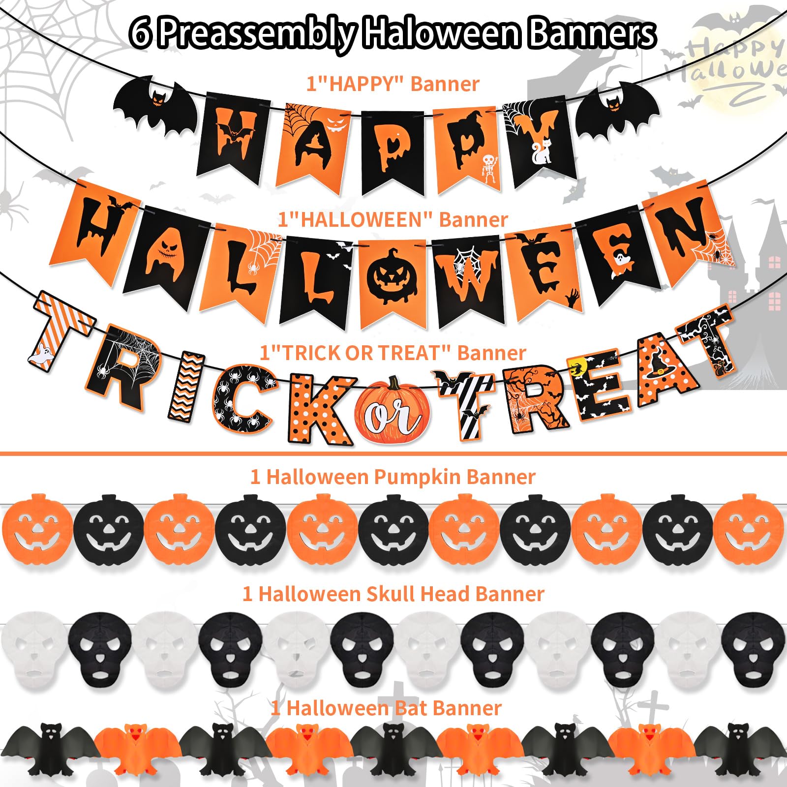 AhfuLife Halloween Party Decorations Set, Reusable Halloween Indoor Decorations Kit Including HAPPY HALLOWEEN Paper Banner for Home Decor, Trick or Treat Sign, Pumpkin Bat Hanging Swirl