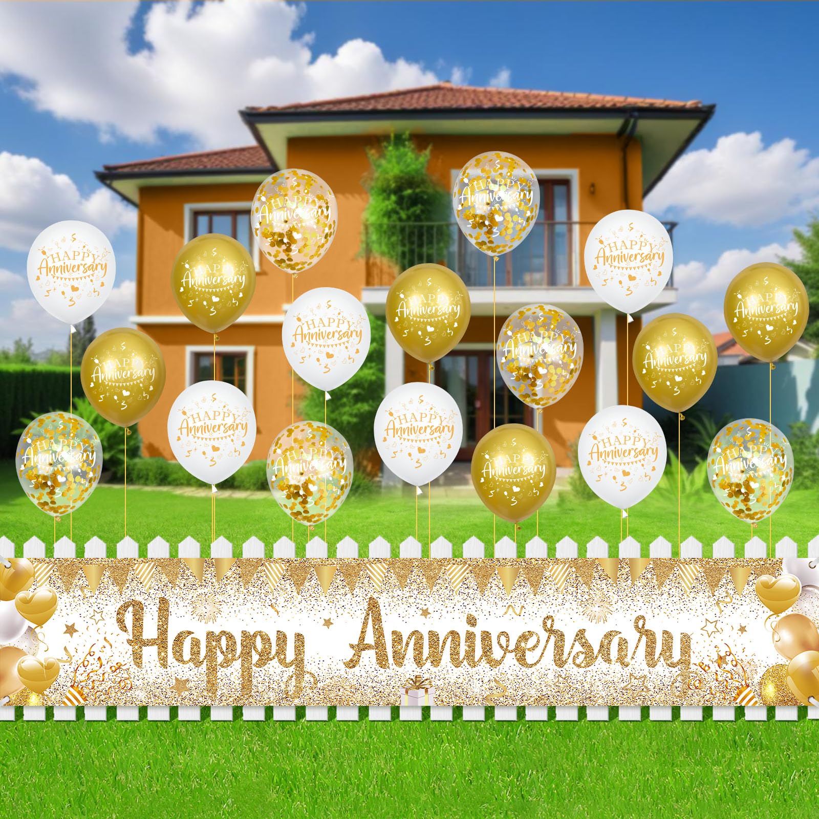 Happy Anniversary Decorations Banner with Balloons Set - Large Gold and White Backdrop Background Sign and Confetti Latex Balloons Kit for Wedding Anniversary Party Supplies, Indoor Outdoor Yard Decor
