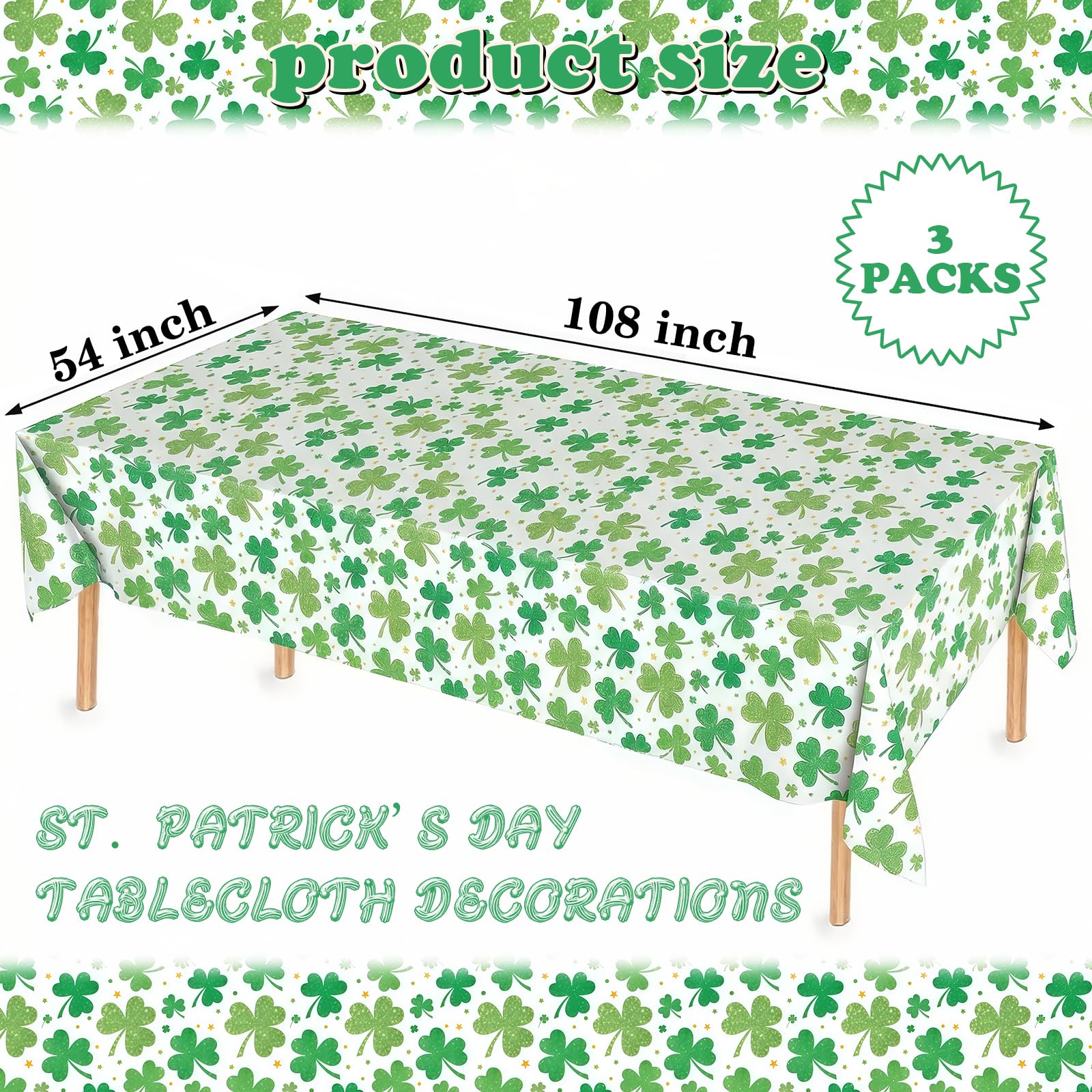 BokingOne 3 PCS St. Patrick’s Day Tablecloth, Disposable Plastic Table Cover Rectangle 54 x 108 Inch - Green Shamrock Golden Lucky Star Design for Irish Party, St. Paddy’s Day Celebrations.