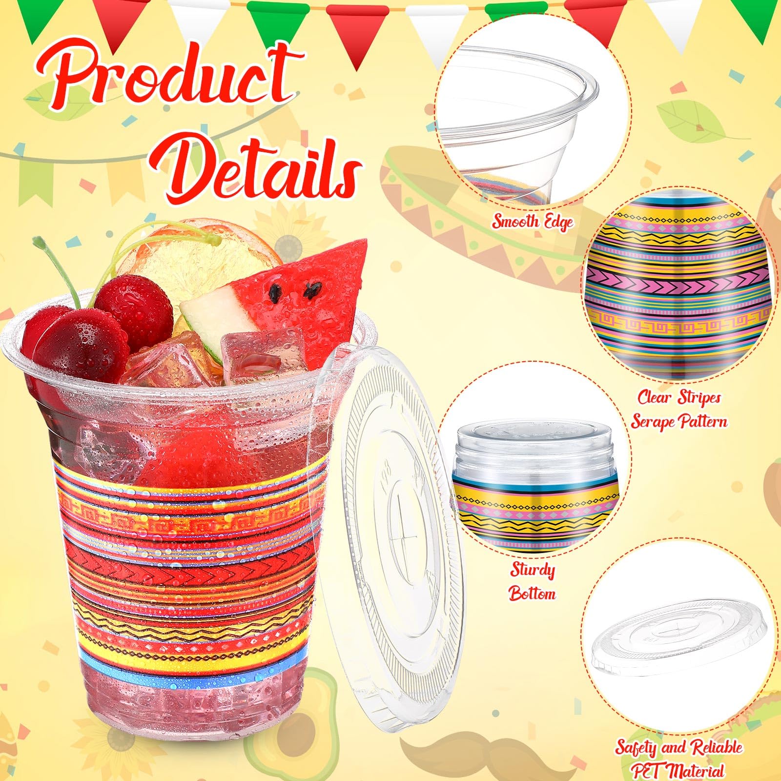 Jingmore 50 Pack 12 oz Fiesta Plastic Cups with Lids and Paper Straws Mexican Clear Disposable Cups Bulk Cinco De Mayo Party Decorations for Fiesta Taco Birthday Party Drinkware Supplies