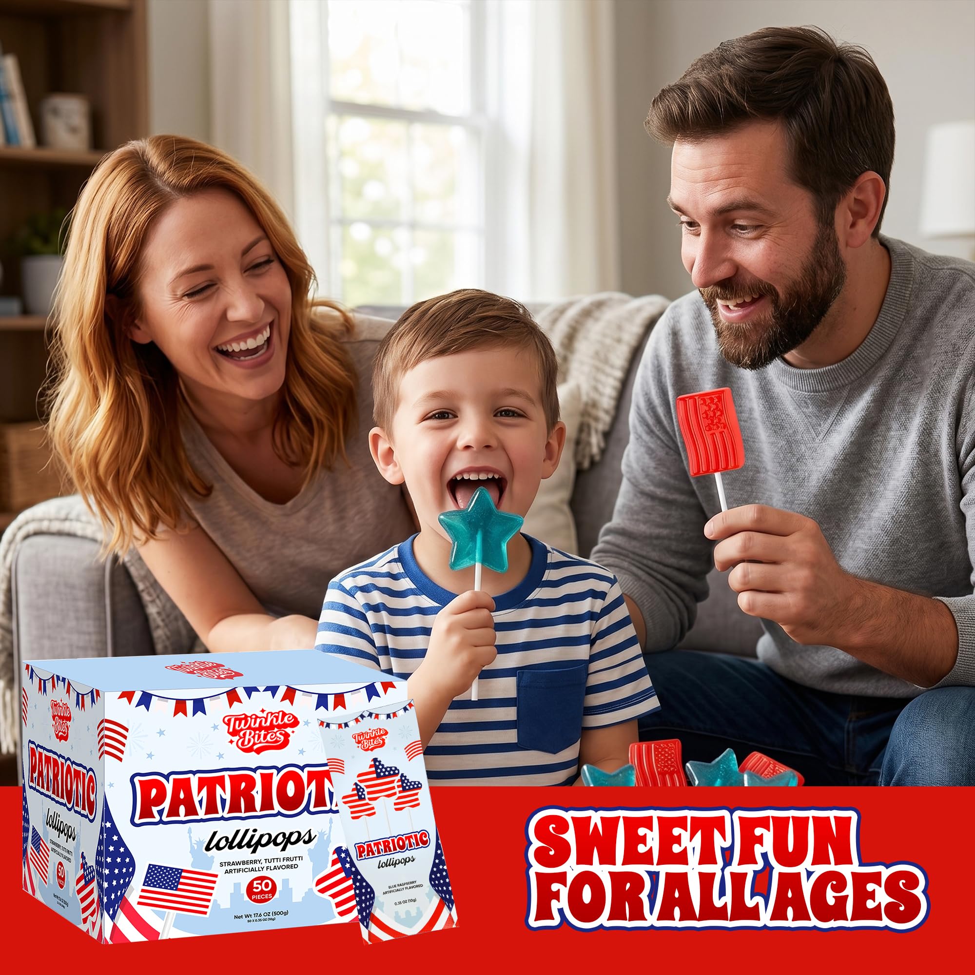 50 Pack Patriotic Lollipops - Individually Wrapped 4th of July Flag & Star Suckers - Strawberry & Tutti Frutti Flavors -Bulk July 4 Red White And Blue Candy - Great Use For, Kids Party Favors, Classro