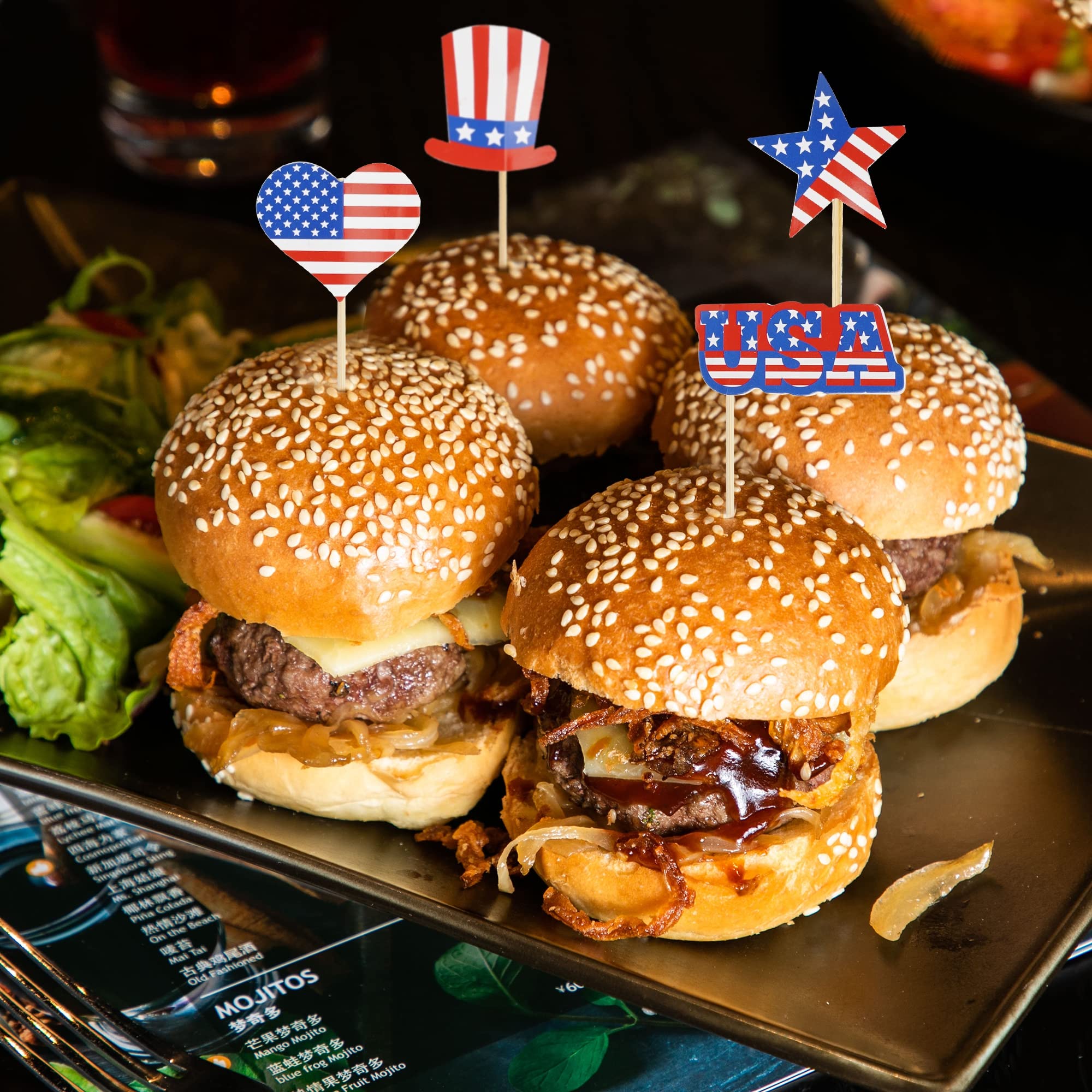 Uptotop 100 Pcs USA American Flag US Toothpick Flags, Mini Stick Cupcake Toppers, 4th of July, Veterans Day, Country Picks Party Decoration Celebration Cocktail Food Bar Cake Flag (5 Pattern)
