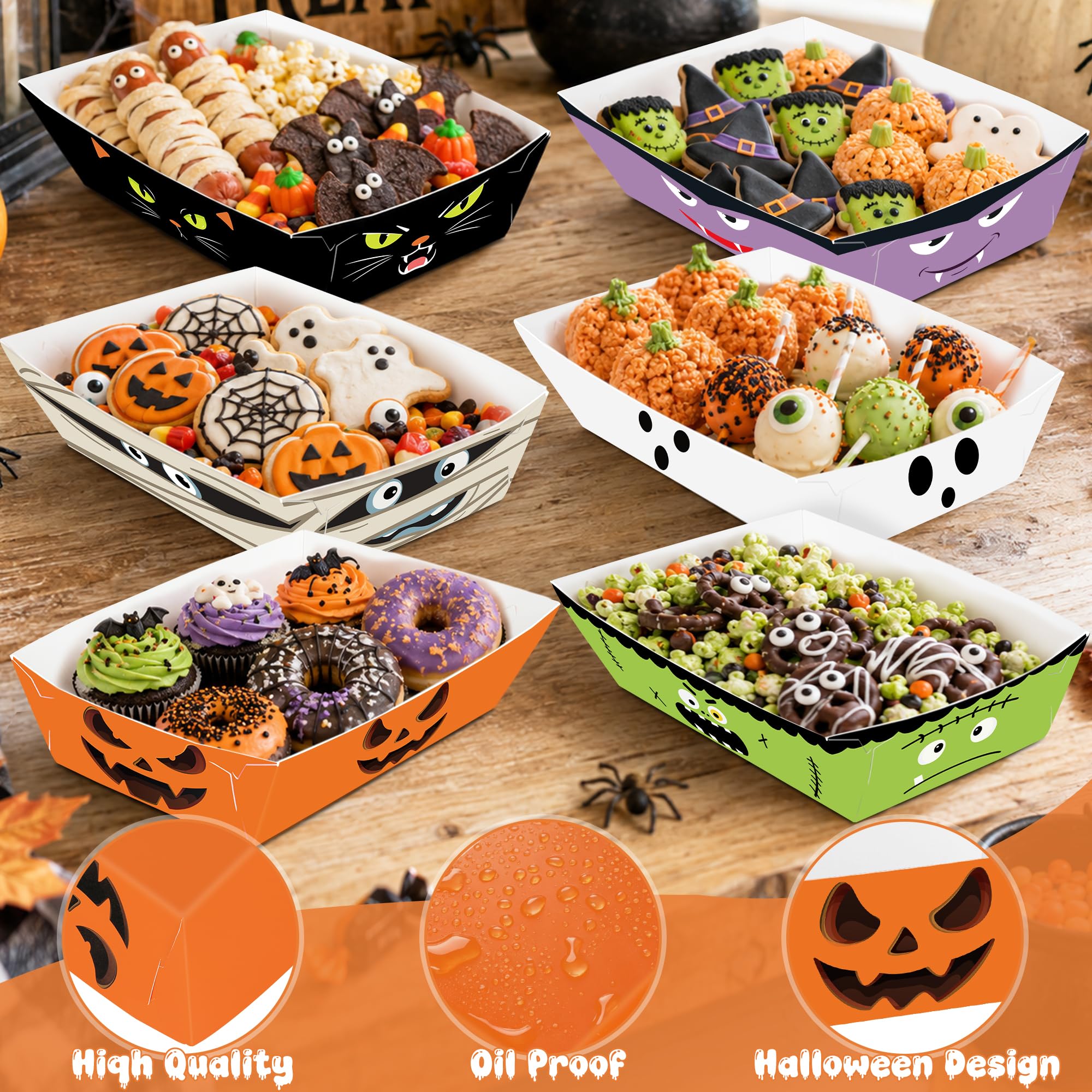 50 PCS Halloween Decorations, Fold-to-Assemble Halloween Paper Food Trays