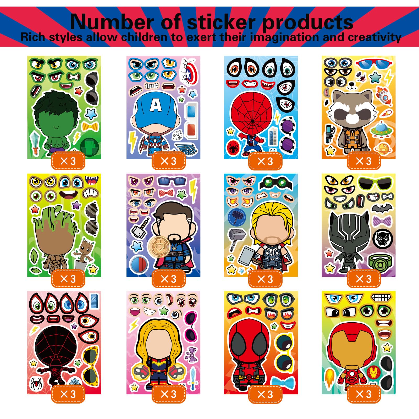 36 Pieces Make-a-face Stickers Pack, Heroes Make Your Own Stickers, Mixed & Matched with 12 Designed Characters(3 of Each) for Party Decoration, Reward, Decor 638