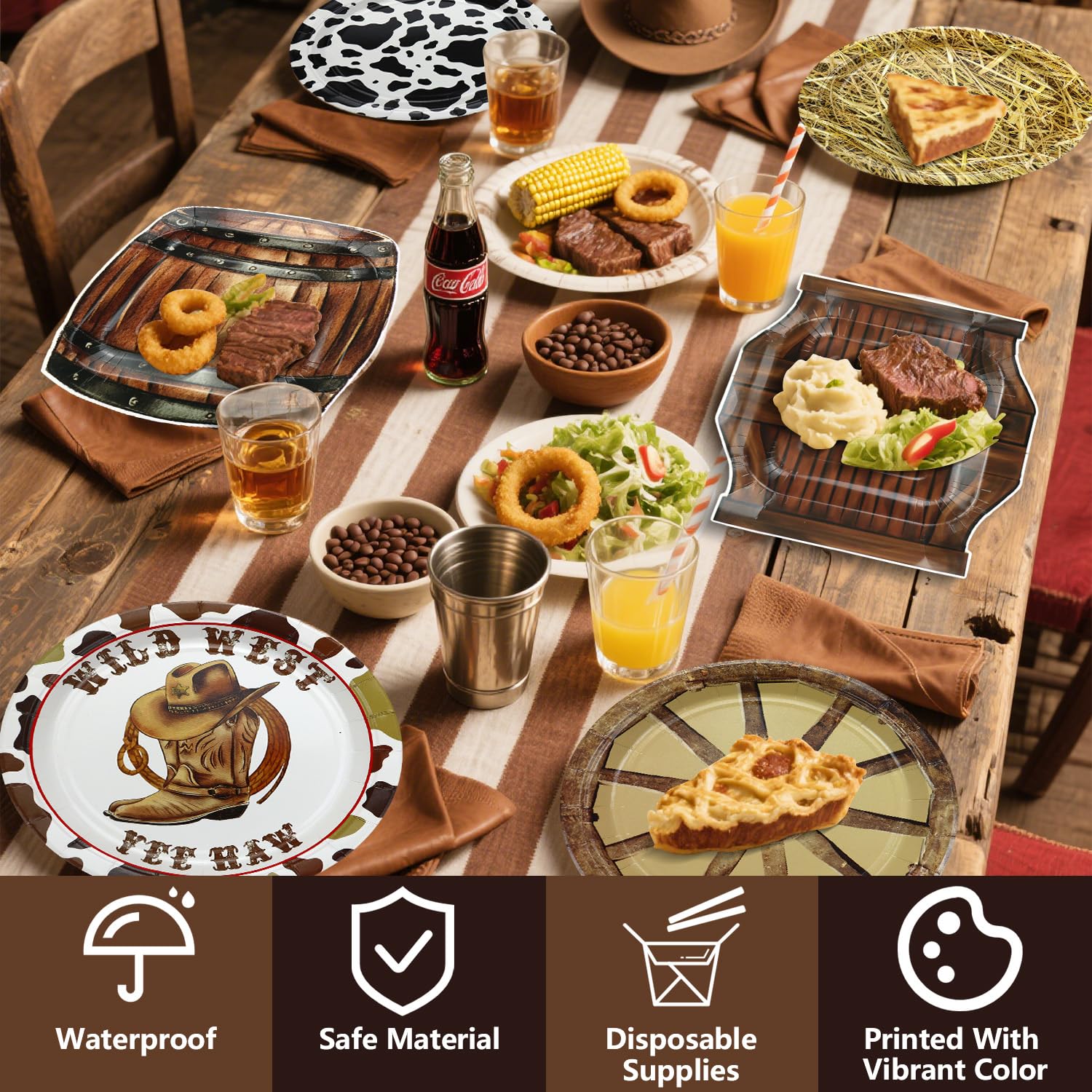 APUXXJUPA 60 Pcs Western Cowboy Party Plates, 9'' Wild West Theme Print Plates for Cowboy Baby Shower Decorations Western Party Decorations