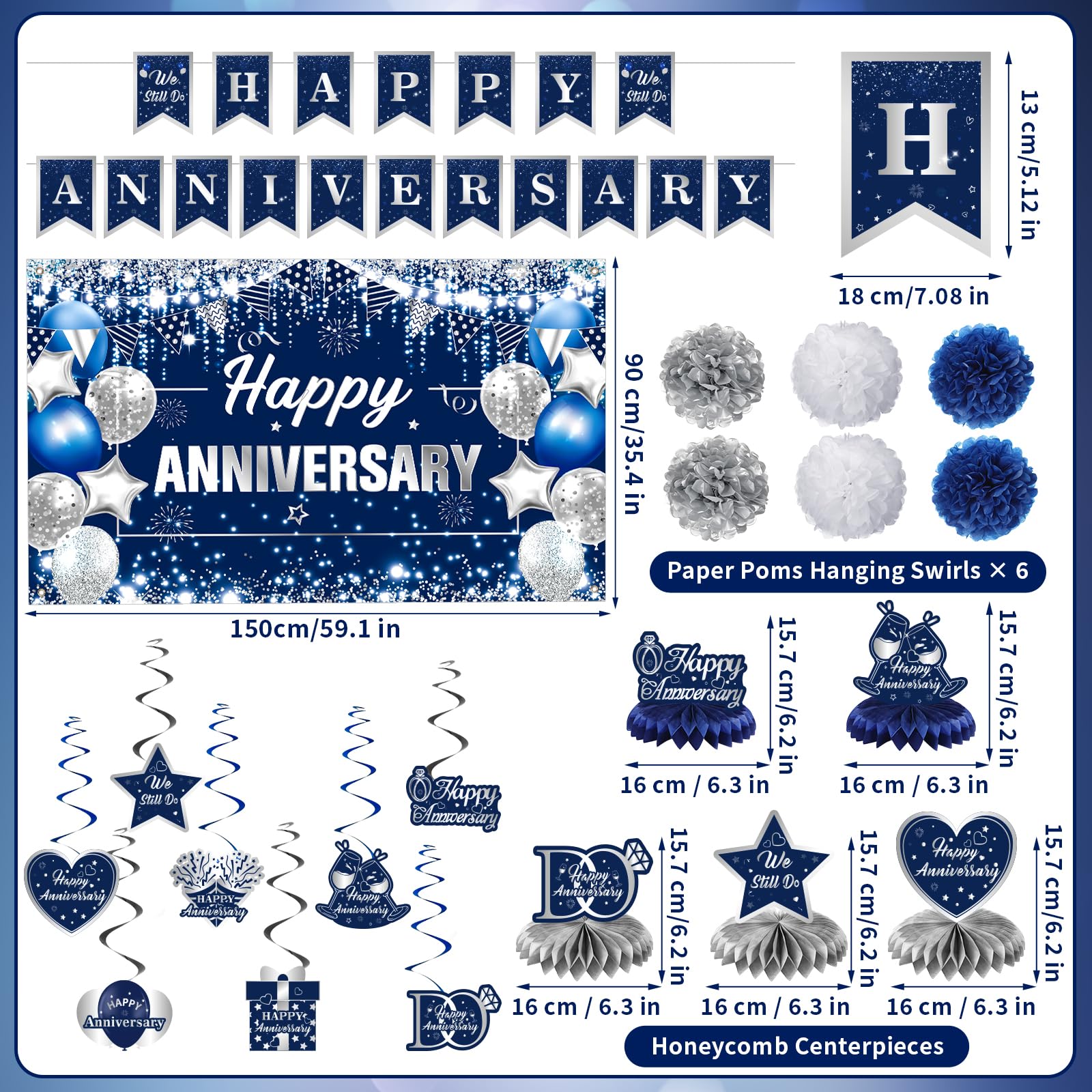 Happy Anniversary Decorations Kit Blue Silver Happy Anniversary Banner Honeycomb Centerpieces Hanging Swirls Tissue Paper Pompoms Set for Men Women Couple Wedding Anniversary Party Supplies Decor