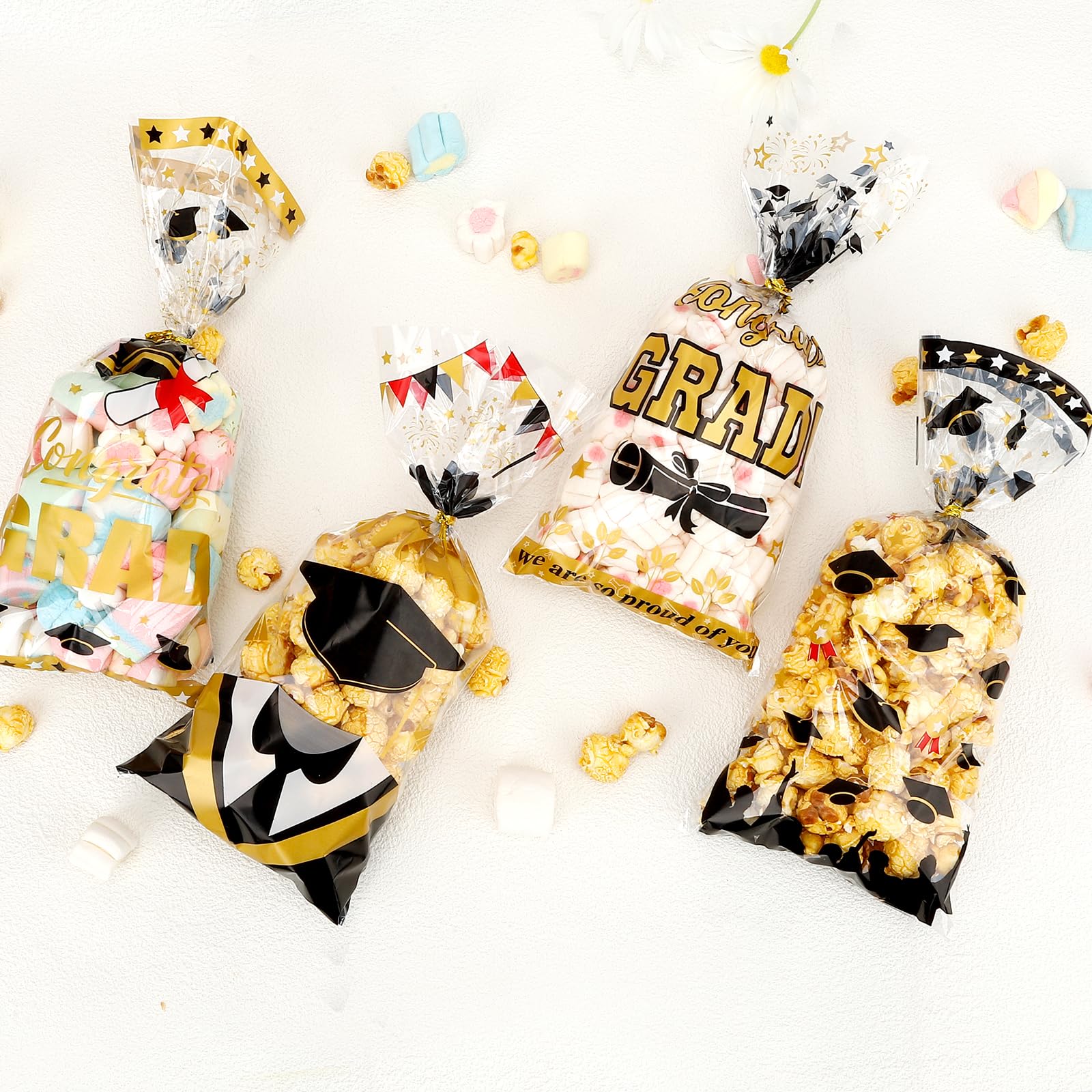 Leislam Graduation Treat Bags, Graduation Cellophane Treat Bags, 100 PCS Graduations Gift Bag, Plastic Clear Cello Candy Cookie Snack Goodies Bag with 100 Pcs Gold Ties for Graduations Party Favors Su