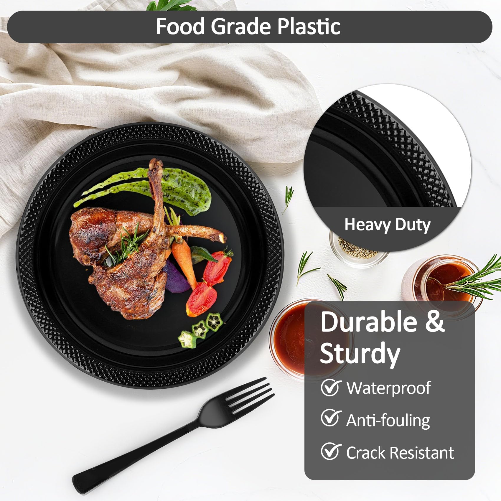 200pcs Black Plastic Party Plates Set, Disposable Black Plates and Napkins for Party, 50 of Each 9" Dinner Plate, Napkins, Cups & Cutlery Plastic Dinnerware for Halloween, Retirement, Birthday, BBQ