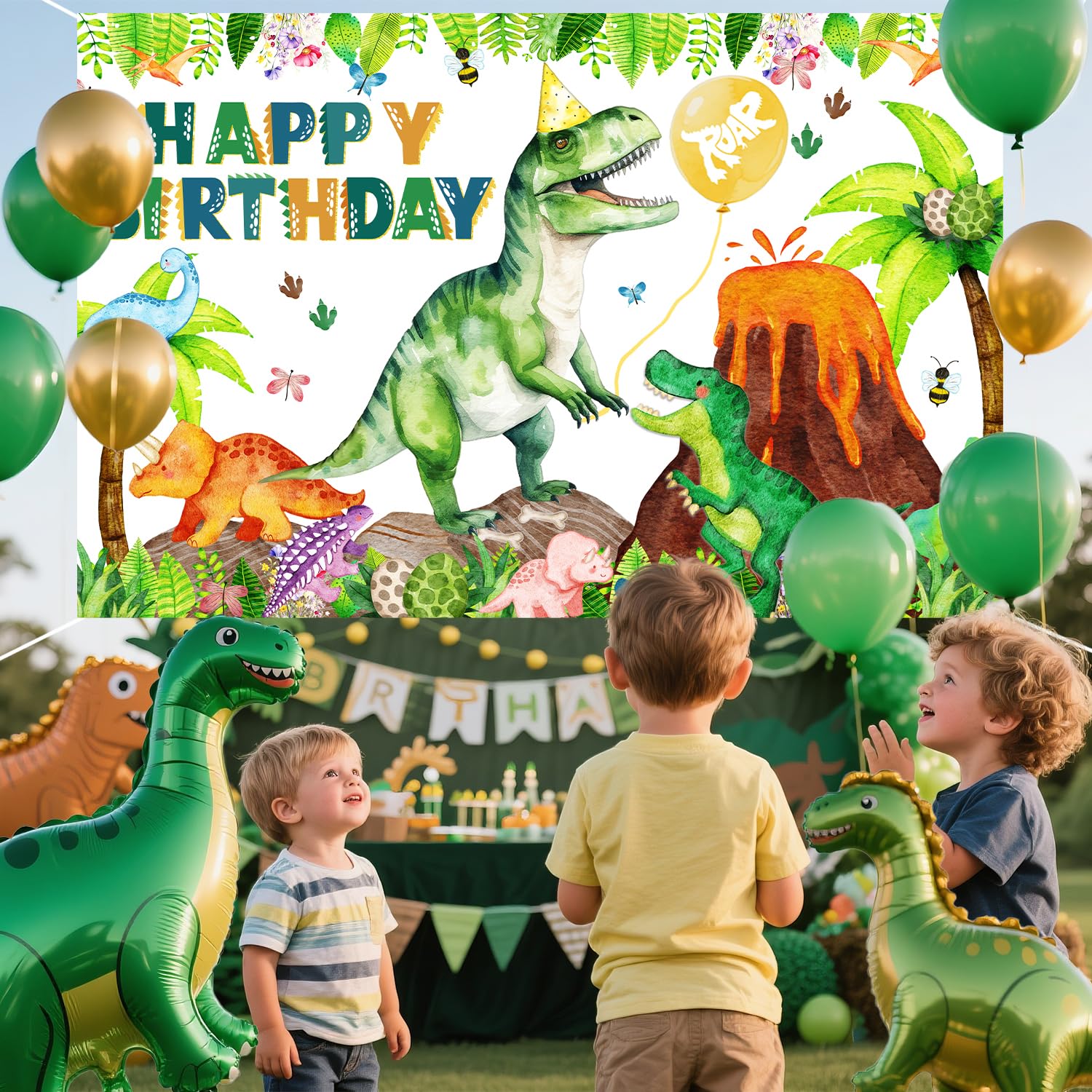 Dinosaur Birthday Backdrop Banner Roar Dino Happy Birthday Jungle Leaves T-rex Dinosaur Photography Background for Boy Girl 1st 2nd 3rd 4th 10th Bday Party Supplies Decor (Green Happy Bday Generic)