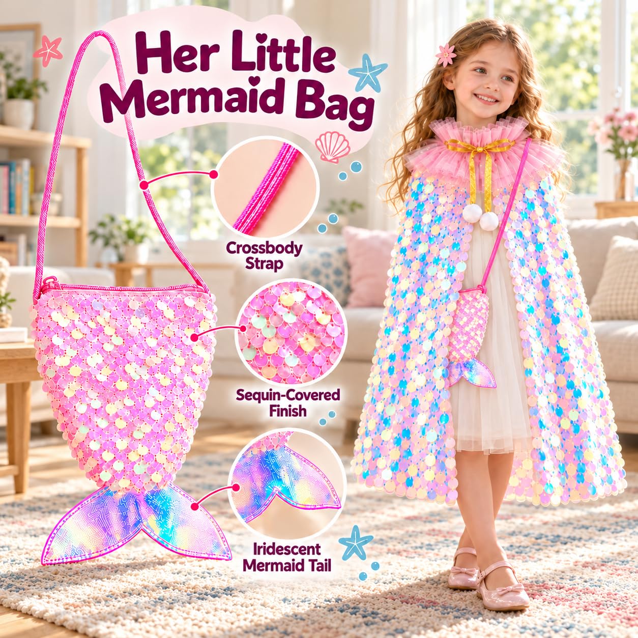 Meland Princess Dress Up for Girls 3-8, Mermaid Cape with Crown, Dress Up Clothes for Girls Birthday Gift, Christmas, Halloween Role Play Costumes, Toys for Kids Toddlers Pretend Play
