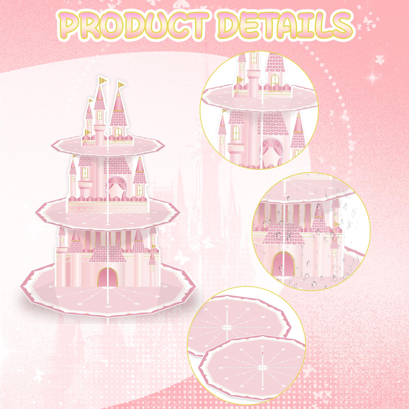 KALEFO Princess Party Supplies 3 Tier Cupcake Stand Birthday Decorations Pink Castle Cake Treat Table Decor(Princess)