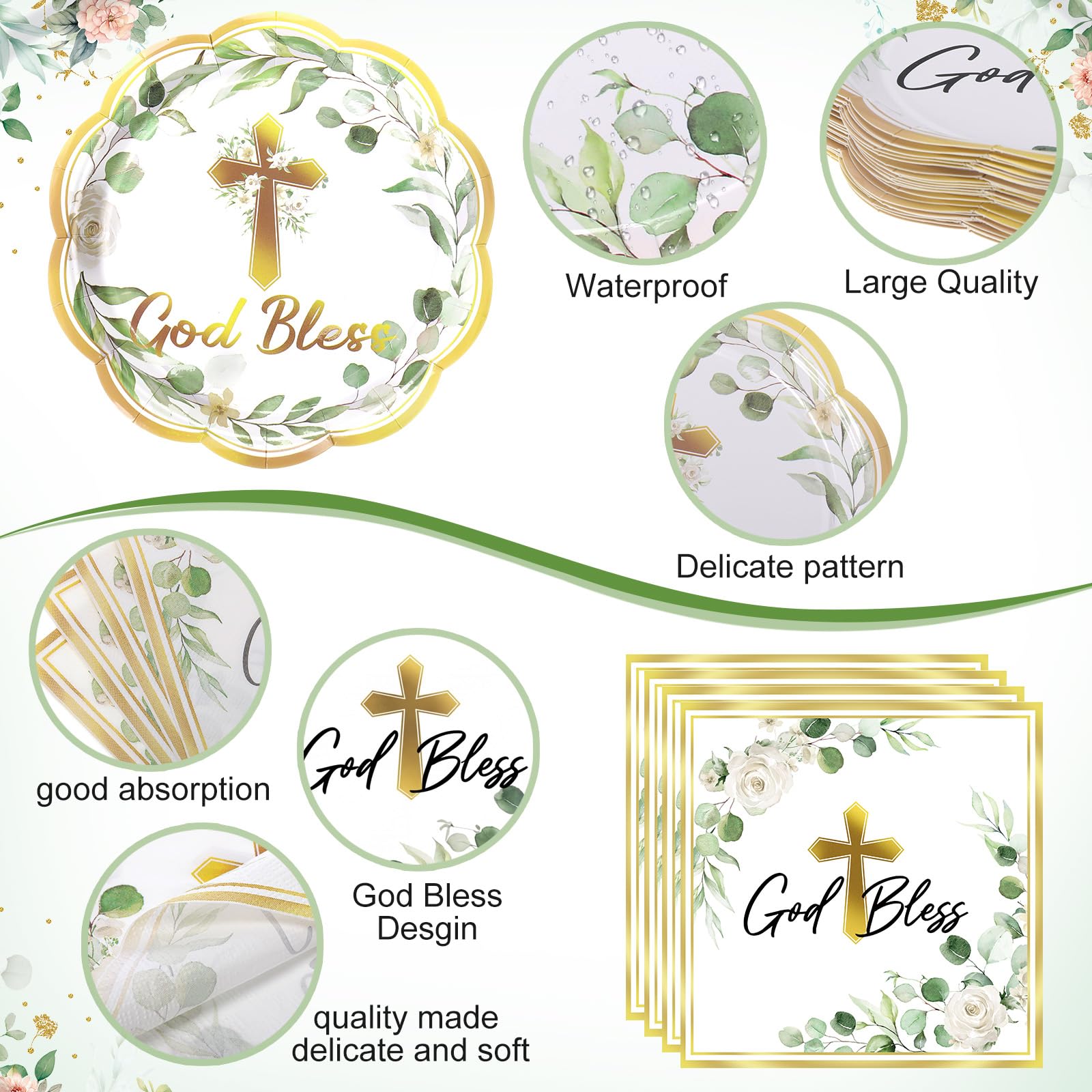 Ziliny 250 Pcs God Bless Baptism Party Tableware Set for 50 Guest First Holy Communion Decorations Sage Green Eucalyptus Leaves Paper Plates Napkins and Cups for Christening Baby Shower Religious