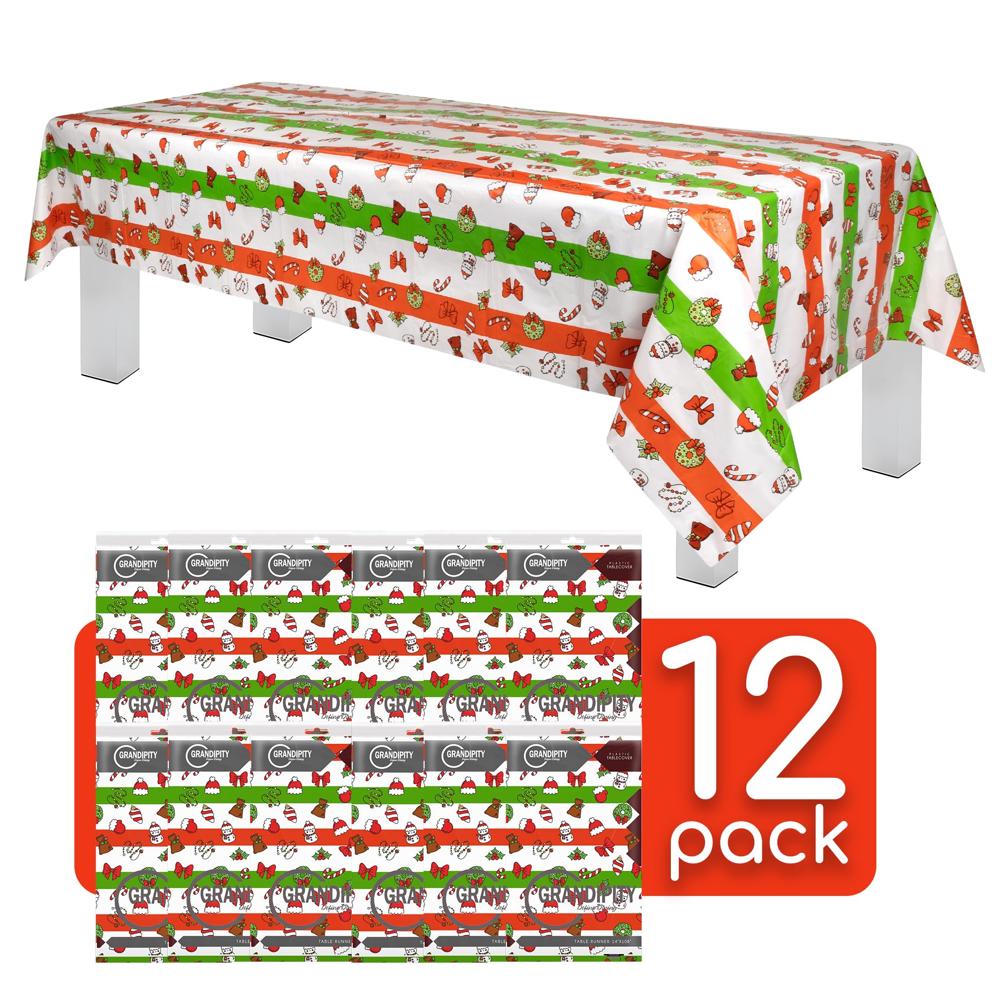 Grandipity Holiday Christmas 12 Pack Premium Disposable Plastic Tablecloth 54 Inch. x 108 Inch. Rectangle Table Cover