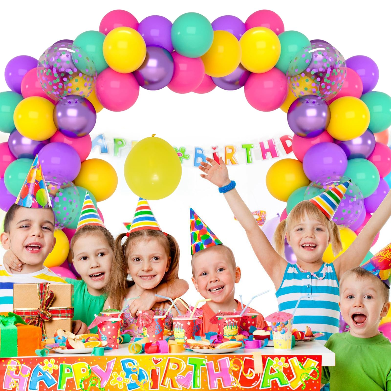 Patimate Birthday Balloons Set, 50 pcs 12 inch Hot Pink Metallic Purple Yellow Teal Confetti Latex Balloons Kit for Kid's Birthday Baby Shower Magic Theme Party Decorations