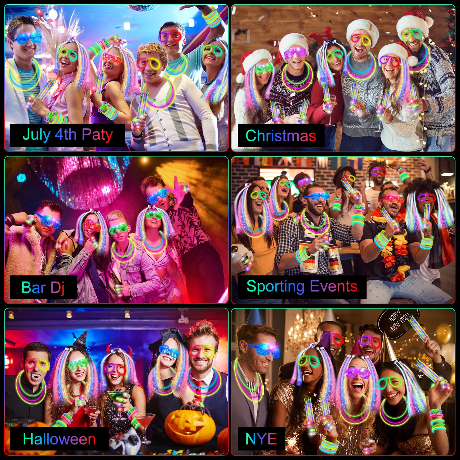 OLUPP Glow In The Dark Party Supplies, 264 PCS Light Up Favors with LED Glasses, Glow Sticks, Finger Lights, LED Hair Clips, Slingshot, Glasses Molds, Butterfly Bracelet for Neon,Raves, Halloween, NY