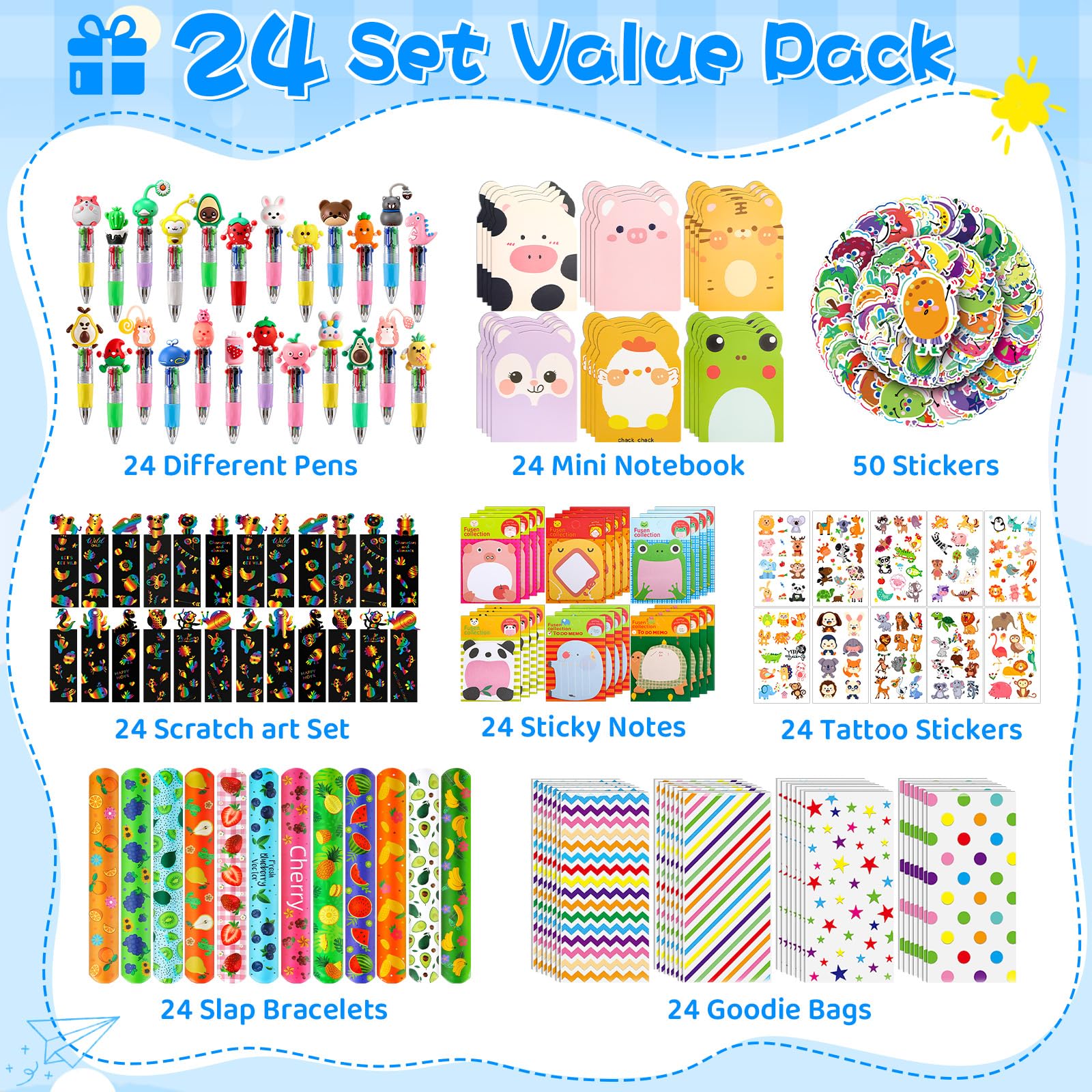 SZCECHRE 24 Pack Back to School Classroom Gifts Set with Classic Animal &Fruit Designs for Teens,Goodie Bags with Multicolor Pen for Birthday Stuffers Rewards Prizes Party Favors