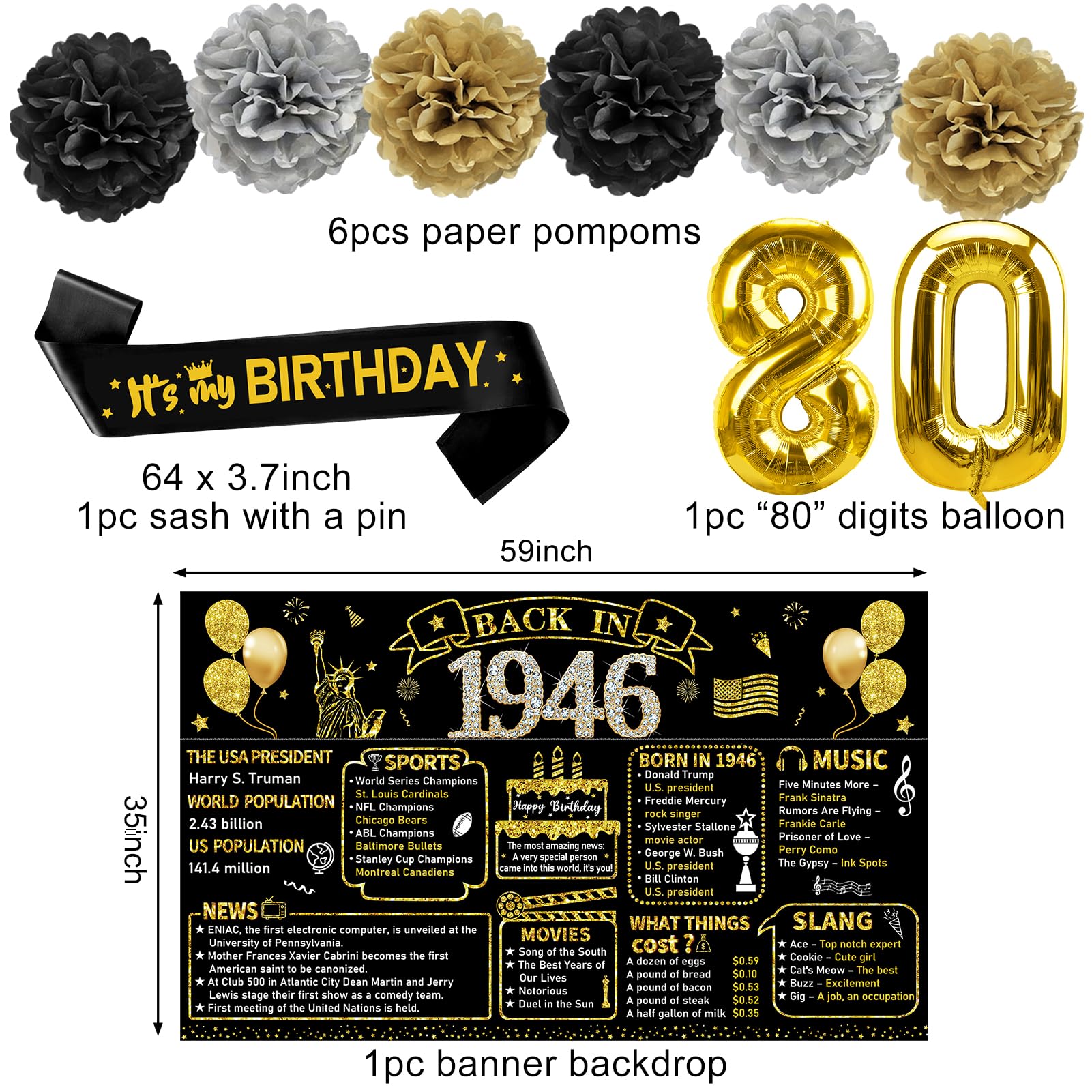 Zirtorei 80th Birthday Decorations for Men Women, 1946 Bday Party Supplies