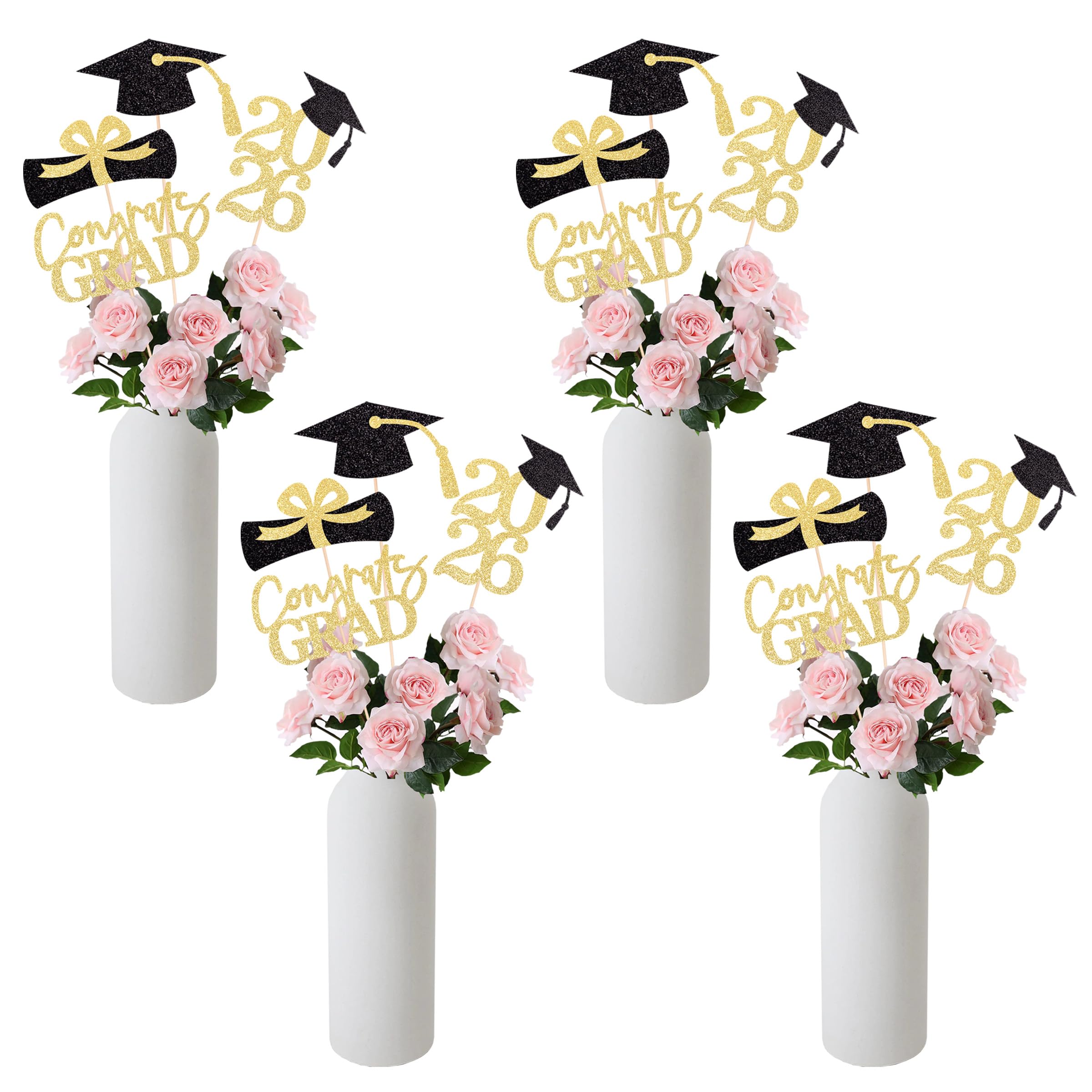 Graduation Decoration Class of 2026 Centerpieces for Table, 2026 Party Centerpieces Grad Cap Sticks Party Supplies, Graduation Party Decoration Toppeers (16 PCS, Gold & Black, Set of 4)
