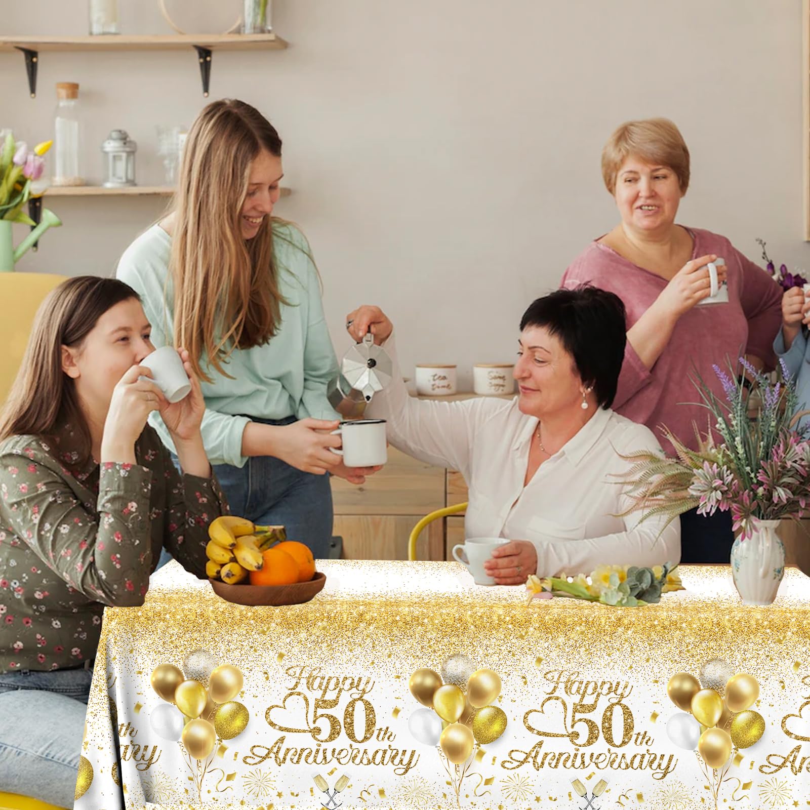 Dydamud Happy 50th Anniversary Table Cloth,50 Year Anniversary Decorations 3Pcs White and Gold Tablecloth Waterproof Rectangular Table Cover for 50 Year Old Birthday Party Supply