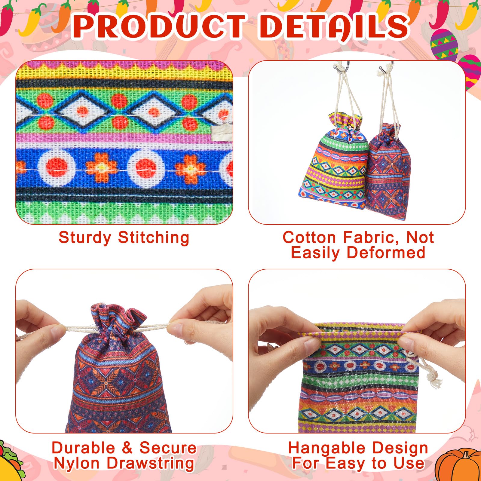 SilTriangle 50 Pcs Mexican Cloth Drawstring Gift Bag 4 x 6 Inch Fiesta Mini Cotton Jewelry Pouches Reusable Goodie Candy Bags for Cinco De Mayo Grad Party Holiday Favor Supplies