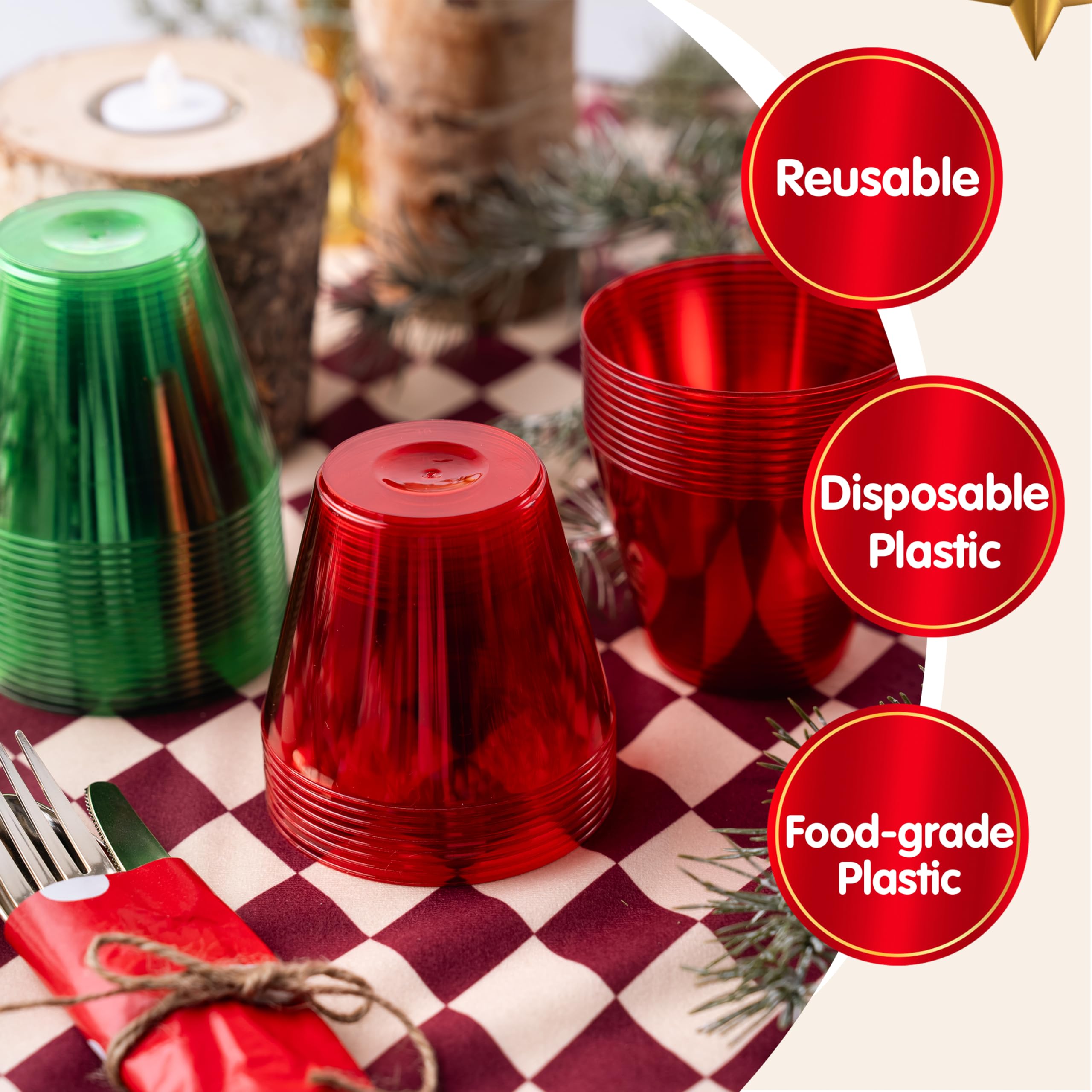 JOYIN 36 PCS Clear Disposable Plastic Cups, 9 OZ Christmas Red and Green Drinking Cups, Plastic Wine Glasses for Xmas Party Supplies, Wedding, Thanksgiving, Birthday, Holiday, New Year