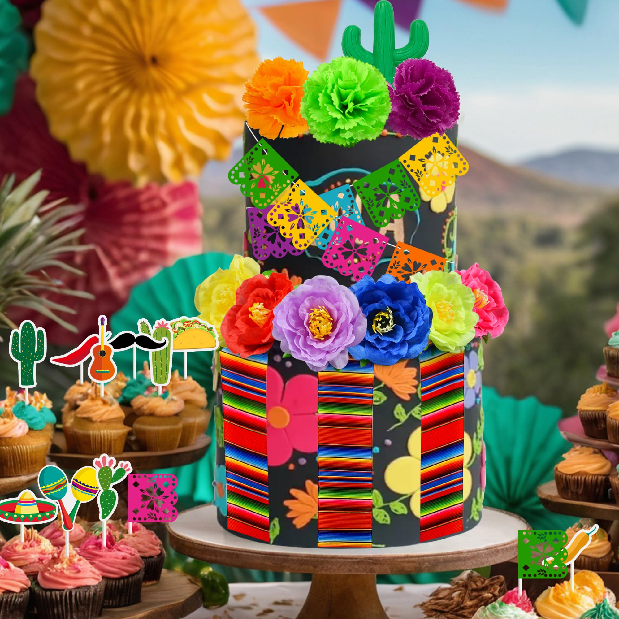 HAVAGDTM Mexican Fiesta Cake Topper Mini Mexican Papel Picado Banner Cactus Pepper Sombrero and Flower Cake Decor for Mexican Themed Party Decorations