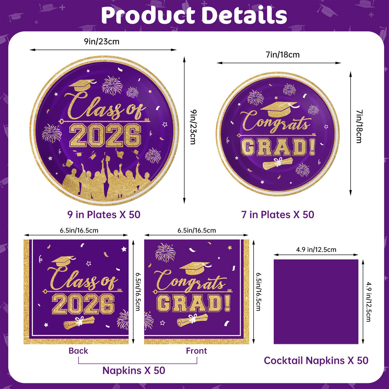 Graduation Plates and Napkins 2026 Graduation Party Supplies, Class of 2026 Congrats Grad Disposable Paper Plates Cocktail Napkins Set for Purple Gold 2026 Graduations Party Decorations Sets, Serve 50