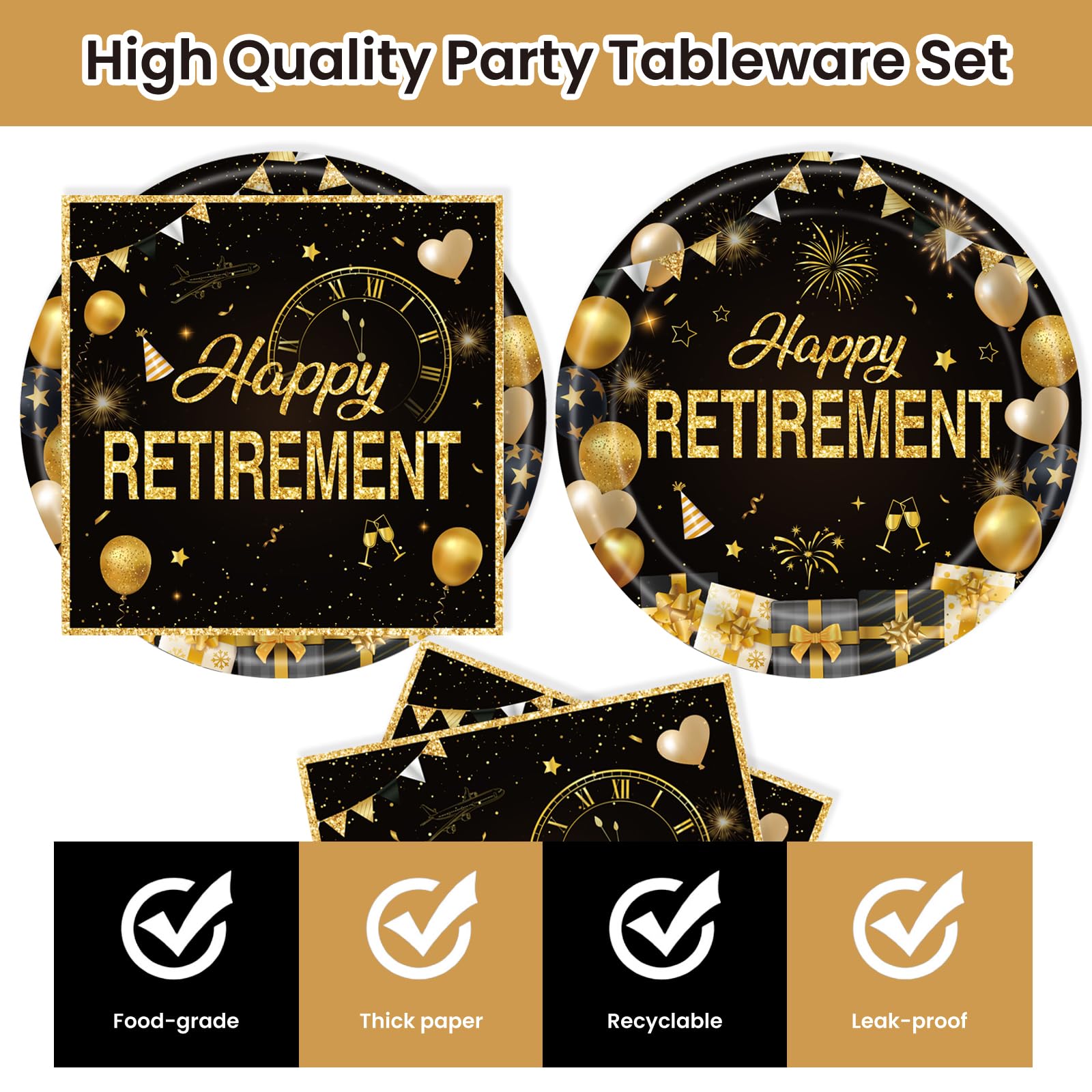 40Pcs Retirement Paper Plates and Napkins Party Supplies, Disposable Happy Retirement Decorations Party Plates Napkins Black Gold Tableware Set for Men Women
