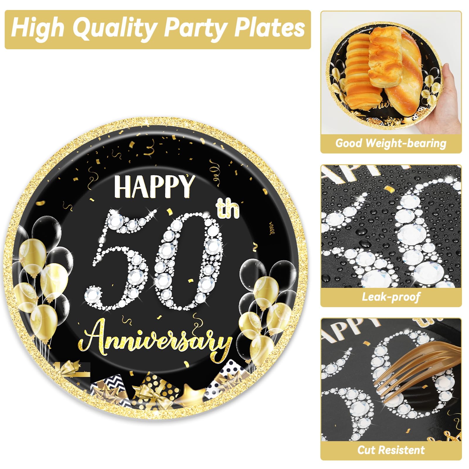 50 Guests 50th Anniversary Plates Napkins Party Supplies Employee Career Wedding Party Decoration Disposable Paper Cake Tableware Sets Party Dinnerware Favors Fiftieth Anniversary, 200PCS