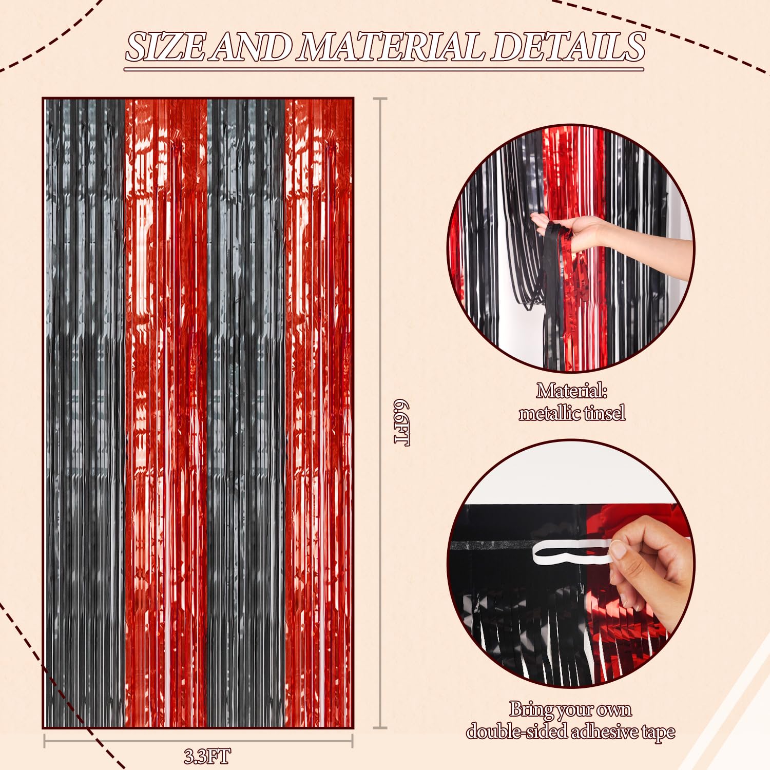 DECOCKRAT 2 Pack Foil Fringe Backdrop - Red&Black Shiny Tinsel Curtains for Party Decoration/Photo Booth Props - 3.3x6.6 FT Metallic Foil Backdrop for Birthday, Wedding, Graduation, Christmas.