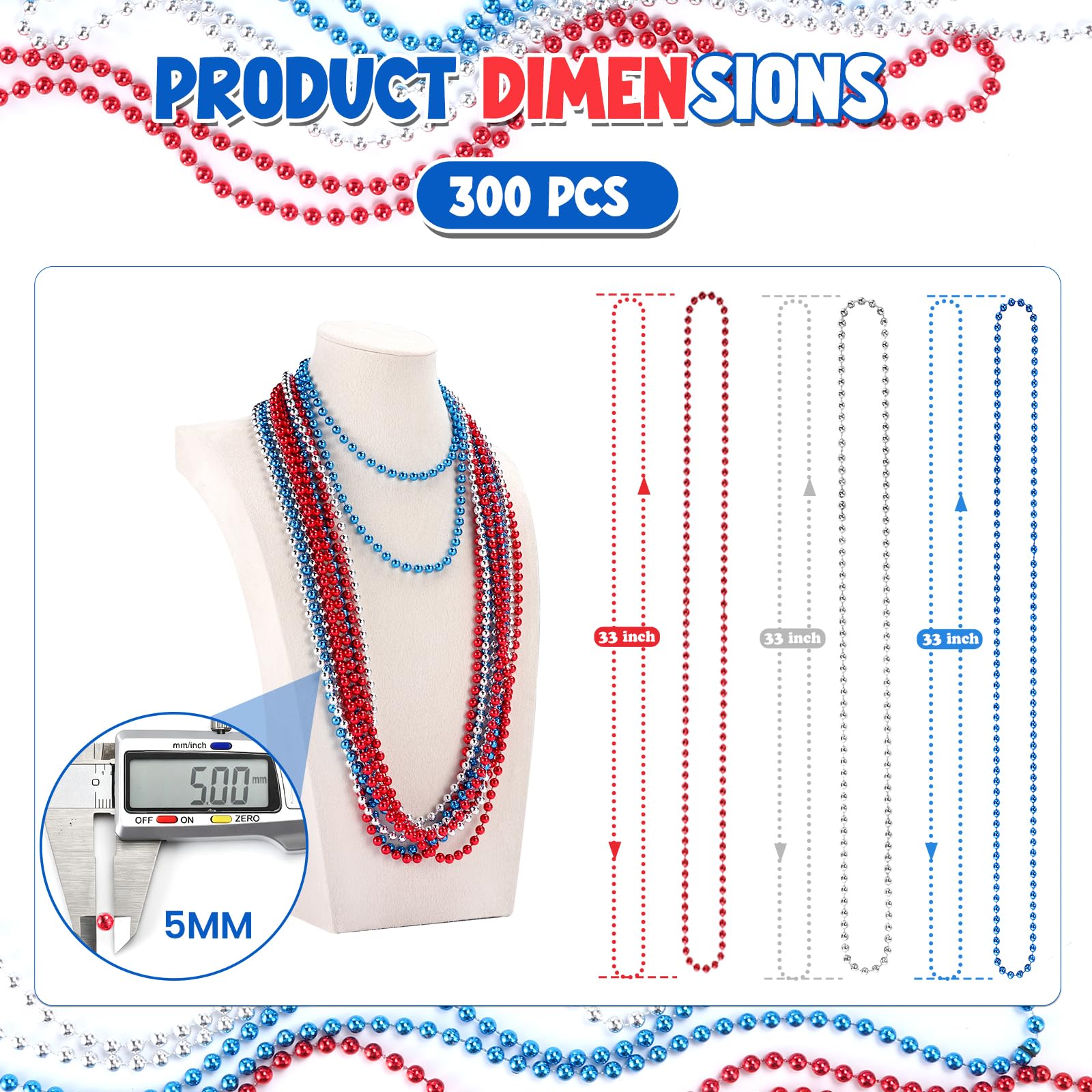 skaqwuan 300PCS 4th of July Accessories Patriotic Bead Necklaces, 33inch Red Blue Silver Necklaces Bulk, 4th of July Decorations for Parade Party Favors Veterans Day