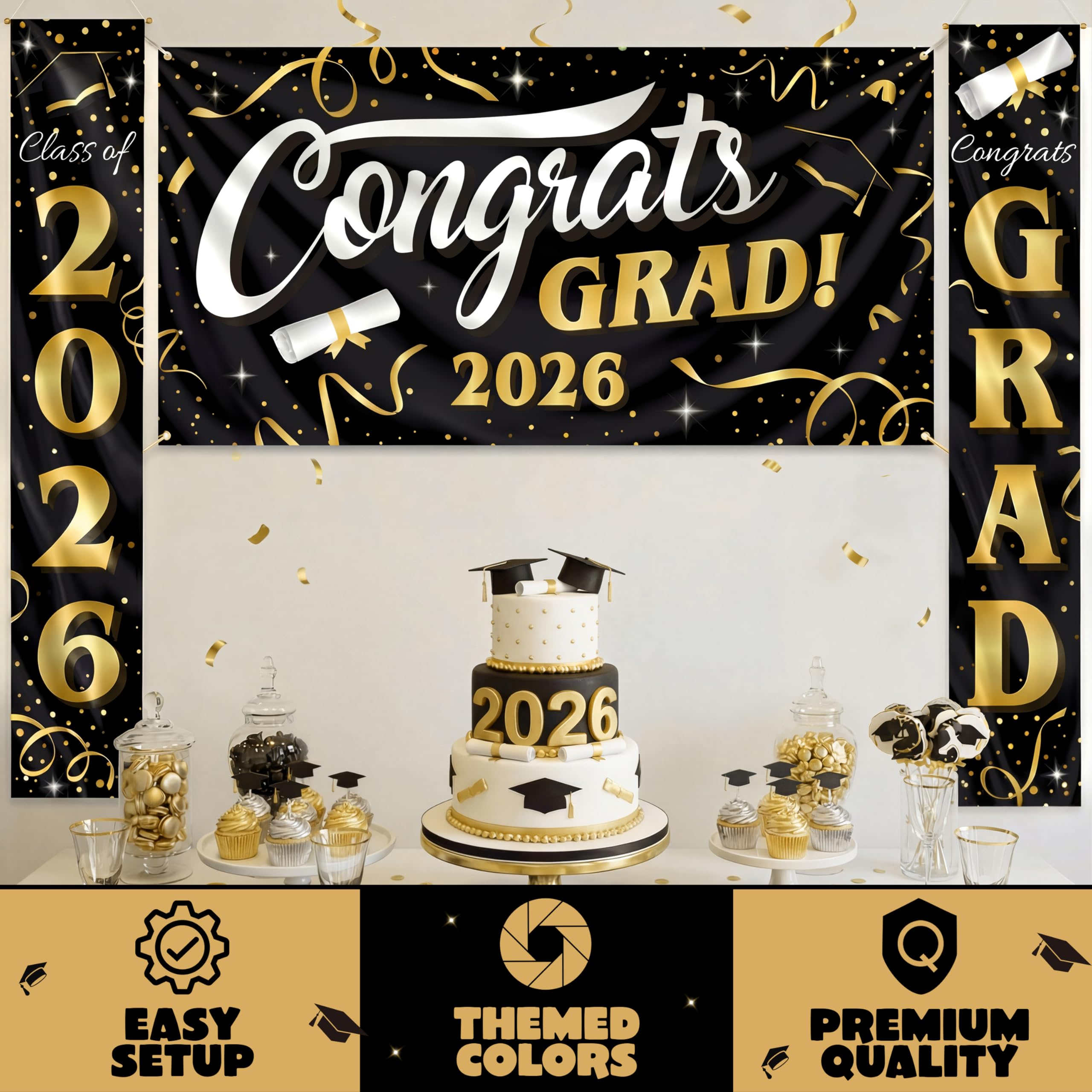 JOYIN 3 Pcs Graduation Decorations Class of 2026, Large Graduation Banners Set, Gold & Black Congrats Grad Party Backdrop and Banner Hanging Porch Supplies for College Graduation Indoor/Outdoor Decor