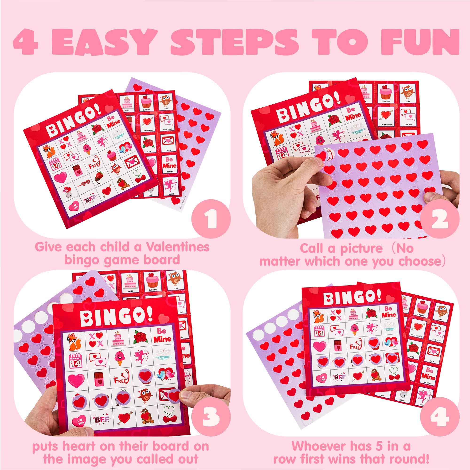 JOYIN Valentines Day Bingo Game Cards (5x5) – 28 Players for Kids Party Gift, School Classroom Love Supplies, Family Entertainment Activities
