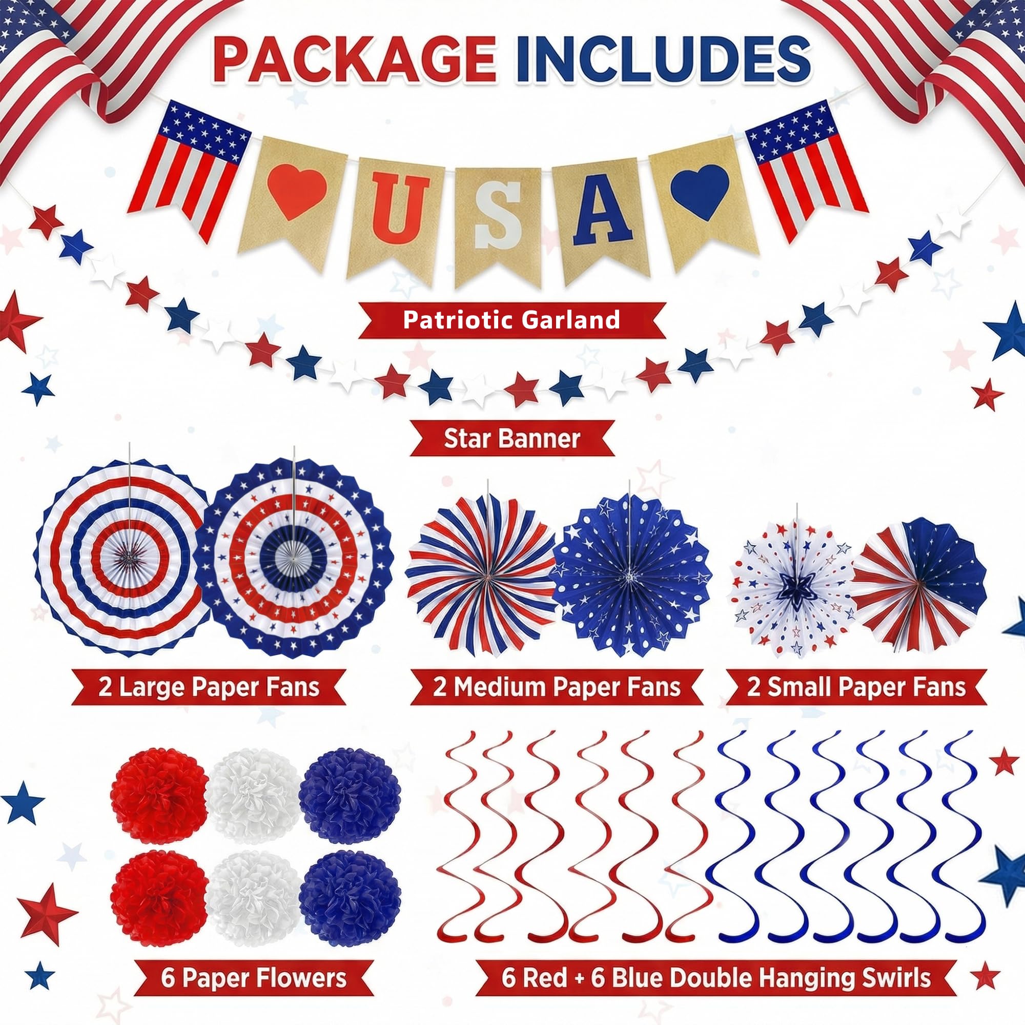4th of July Decorations - 26 PCS Patriotic USA Banner Star Streamer Paper Fans Hanging Swirls Pompoms Set for Memorial Day | Fourth of July Accessories for Indoor Outdoor Home